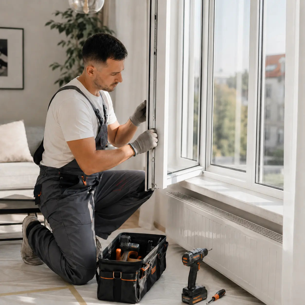 Fenstermonteur montiert Fenster