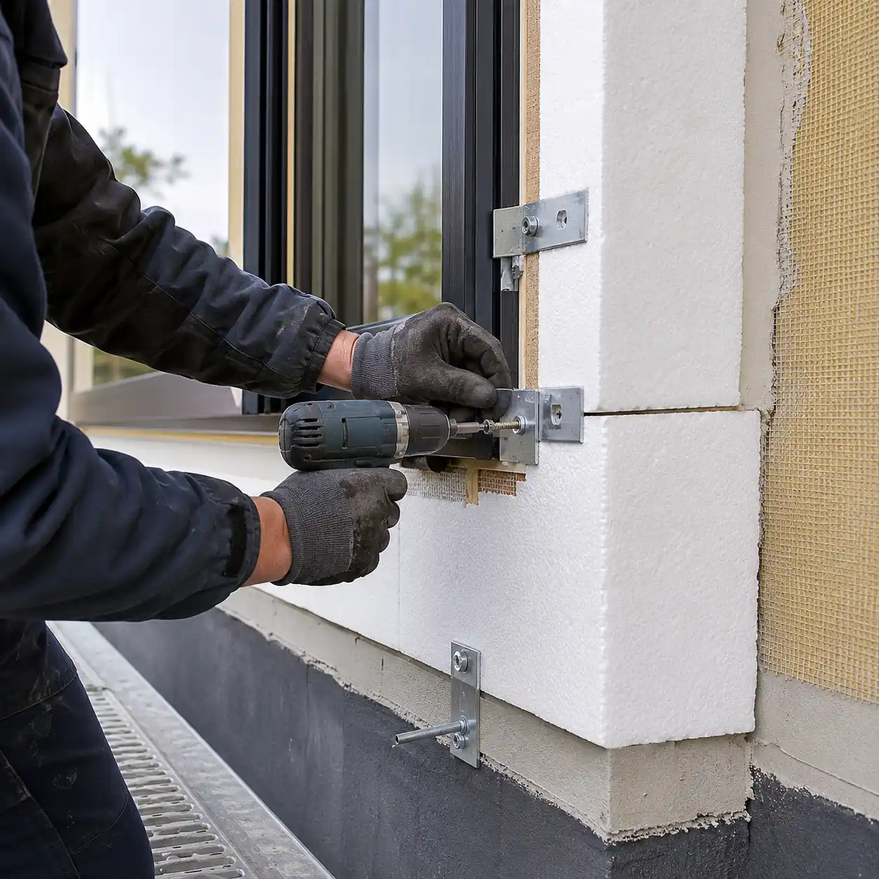 ecowindow-Monteur bei der Vorwandmontage eines Fensters in der Dämmebene