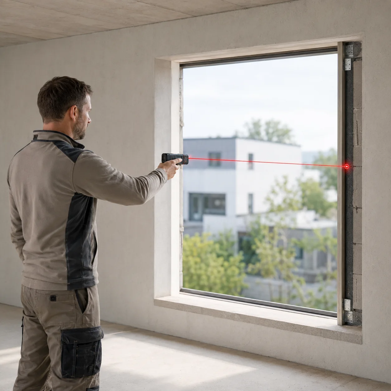 ecowindow Feinmaßtechniker beim Aufmaß für Baurichtmaß und Rohbaumaß