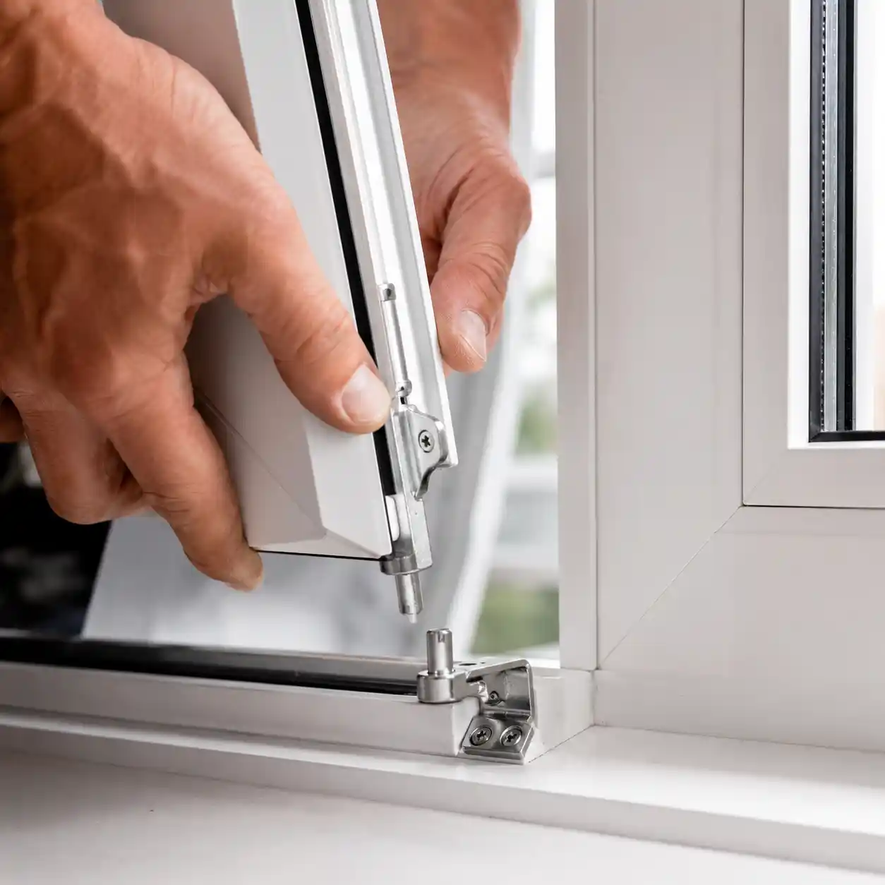 Detail-Ansicht Ecklager mit Bolzen, Flügel wird abgesetzt, ecowindow Anleitung Schritt 2
