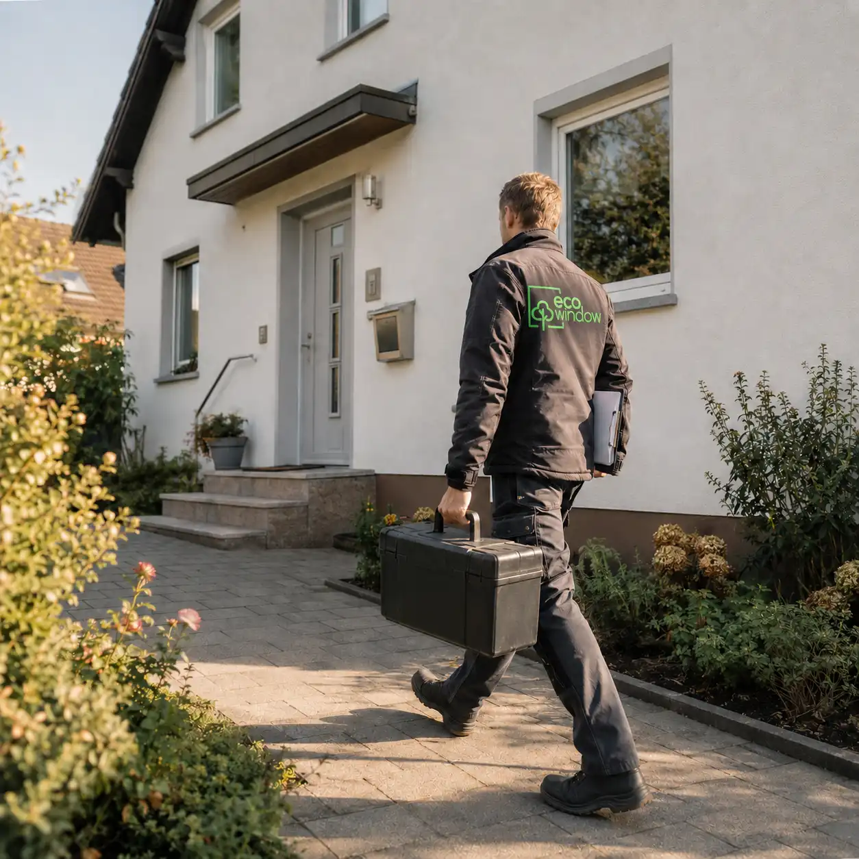 Fenstermonteur von ecowindow kommt zum Termin bei einem Kunden in der Nähe an