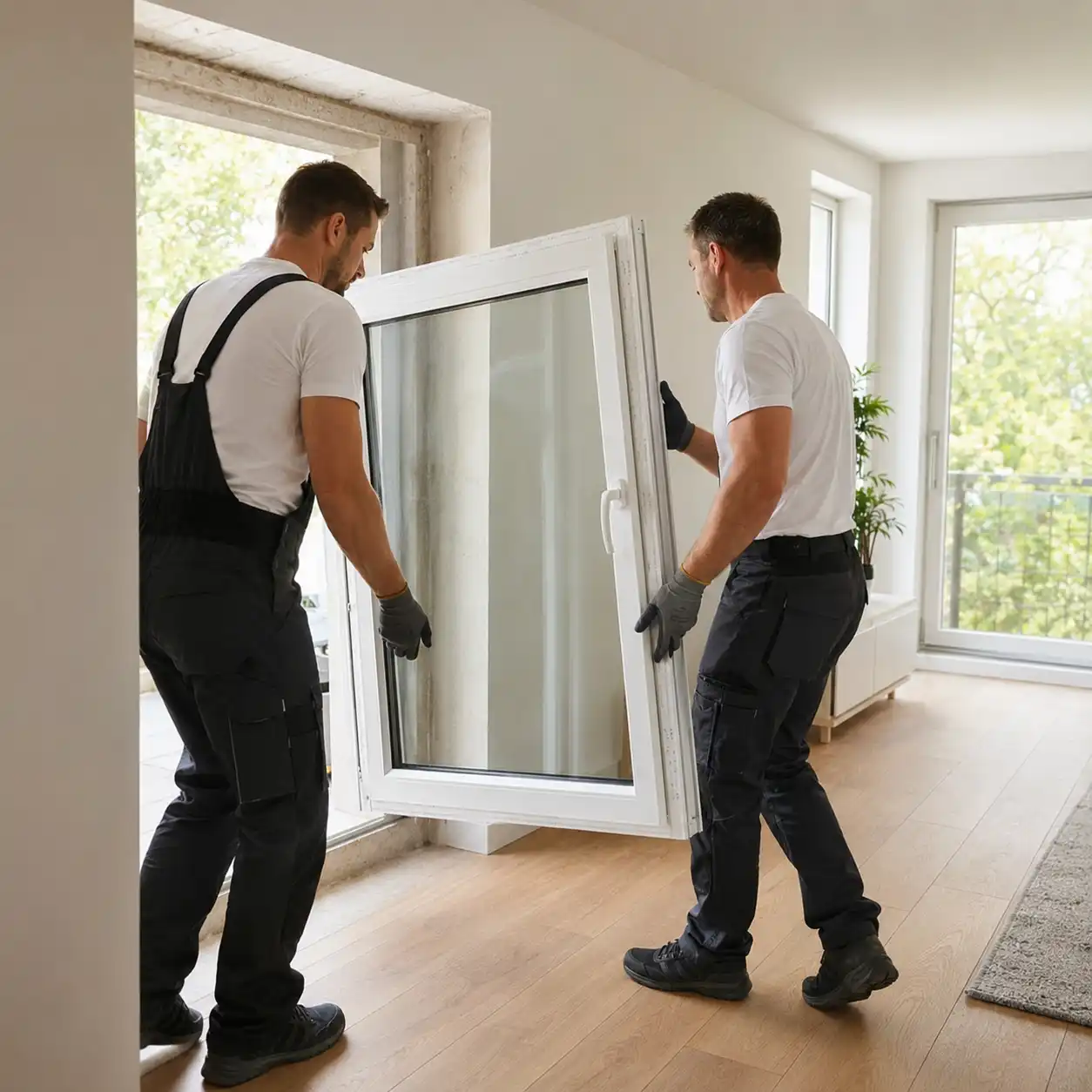 ecowindow Monteure beim Einsetzen eines neuen Fensters, helle Wohnung
