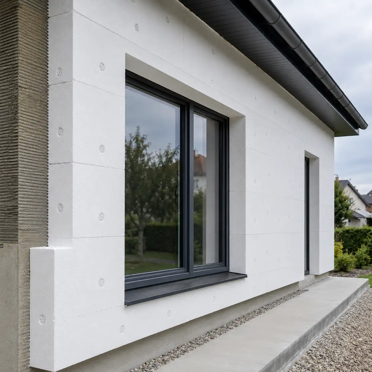 Fenster in Vorwandmontage in der Dämmebene einer modernen Hausfassade von ecowindow