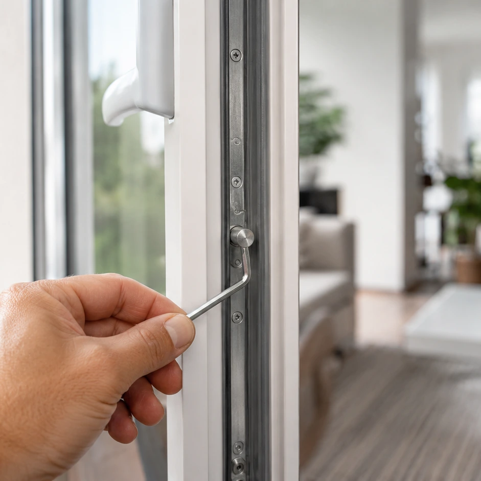 Anpressdruck am Fenster einstellen, Hand justiert Schließzapfen am Beschlag, ecowindow