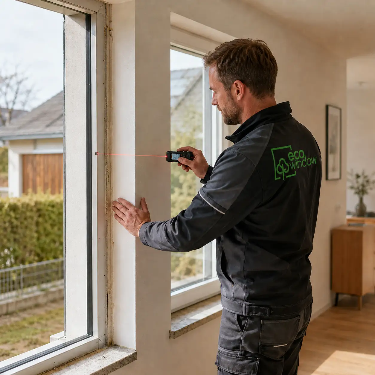 ecowindow Fachmann beim millimetergenauen Aufmaß eines Fensters mit Lasermessgerät