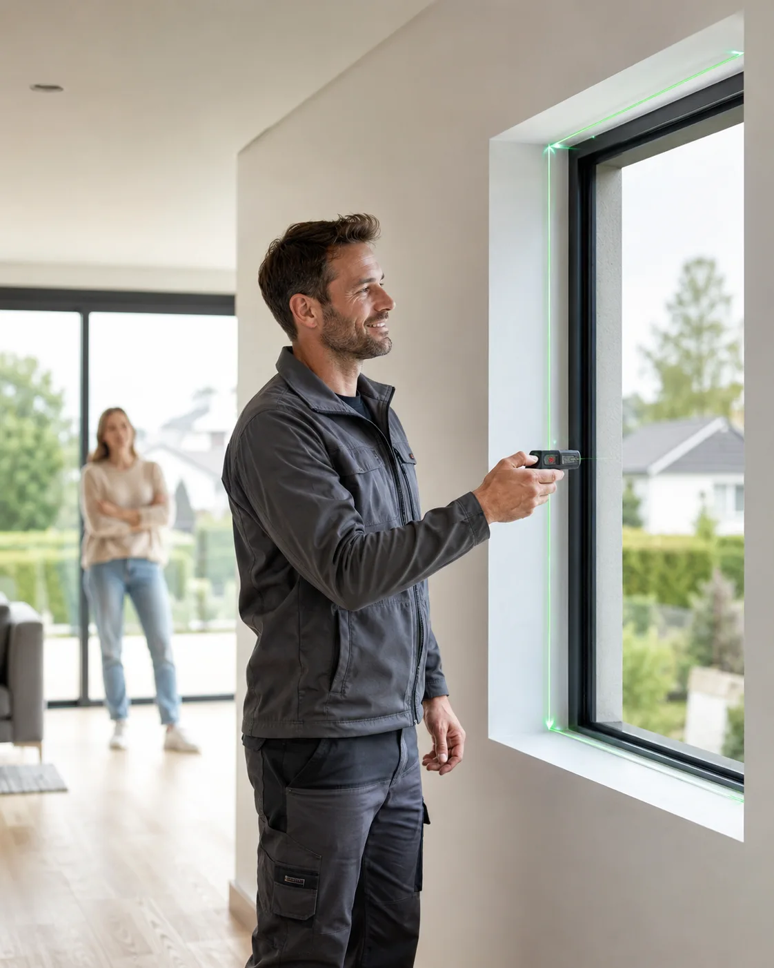 ecowindow-Monteur beim millimetergenauen Aufmaß eines Fensters mit Lasermessgerät