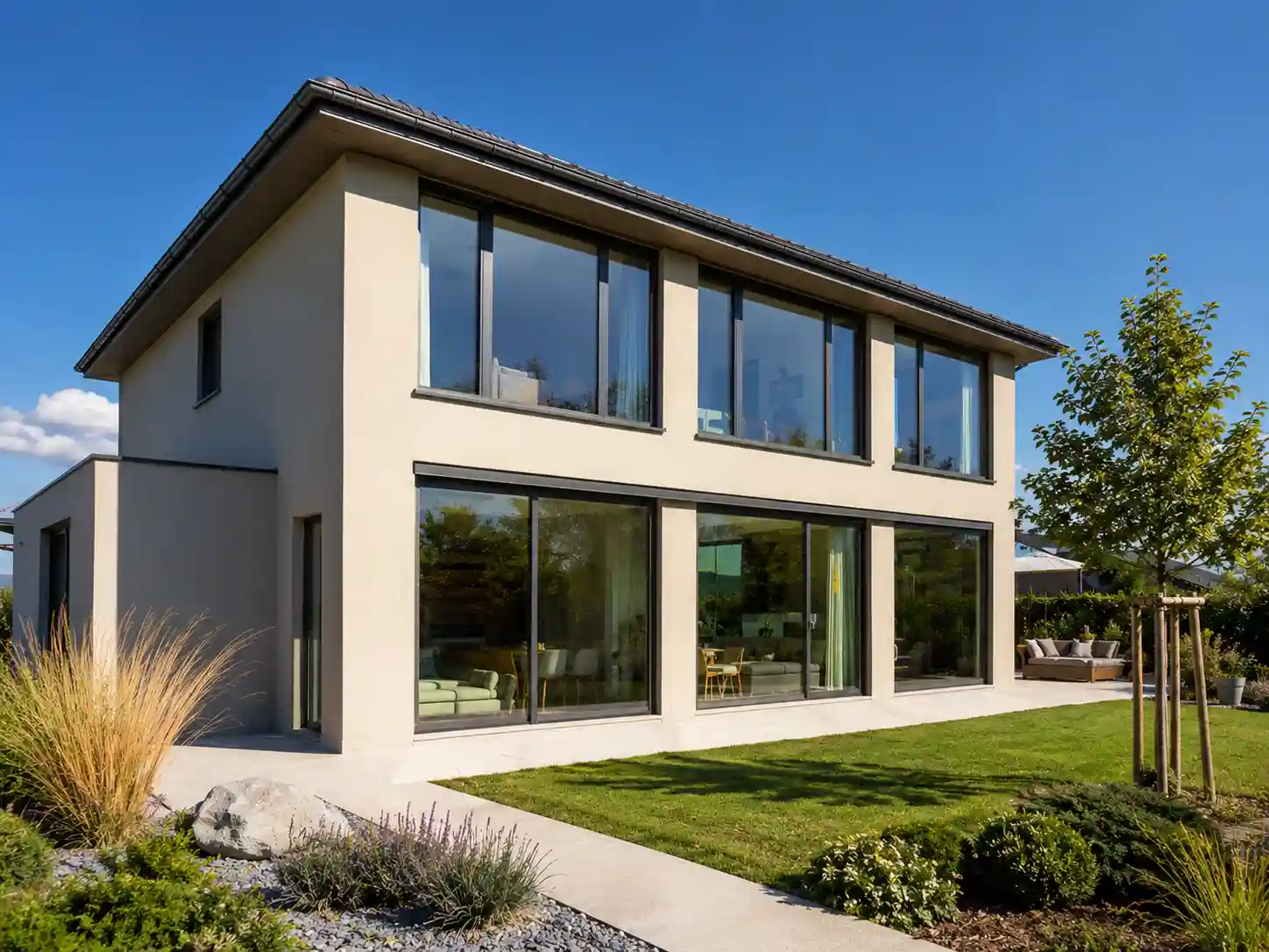 Modernes Wohnhaus mit großen Sonnenschutzfenstern in Süd-Ausrichtung im Sommer, ecowindow