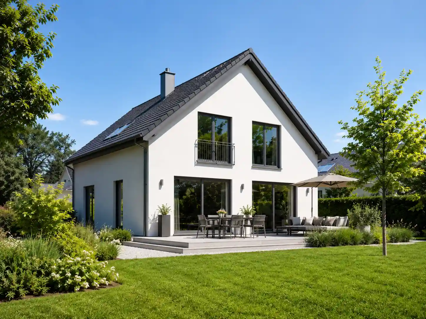 Modernes Haus mit Süd-Ausrichtung im Mittagslicht, Sonnenschutzfenster sinnvoll, ecowindow