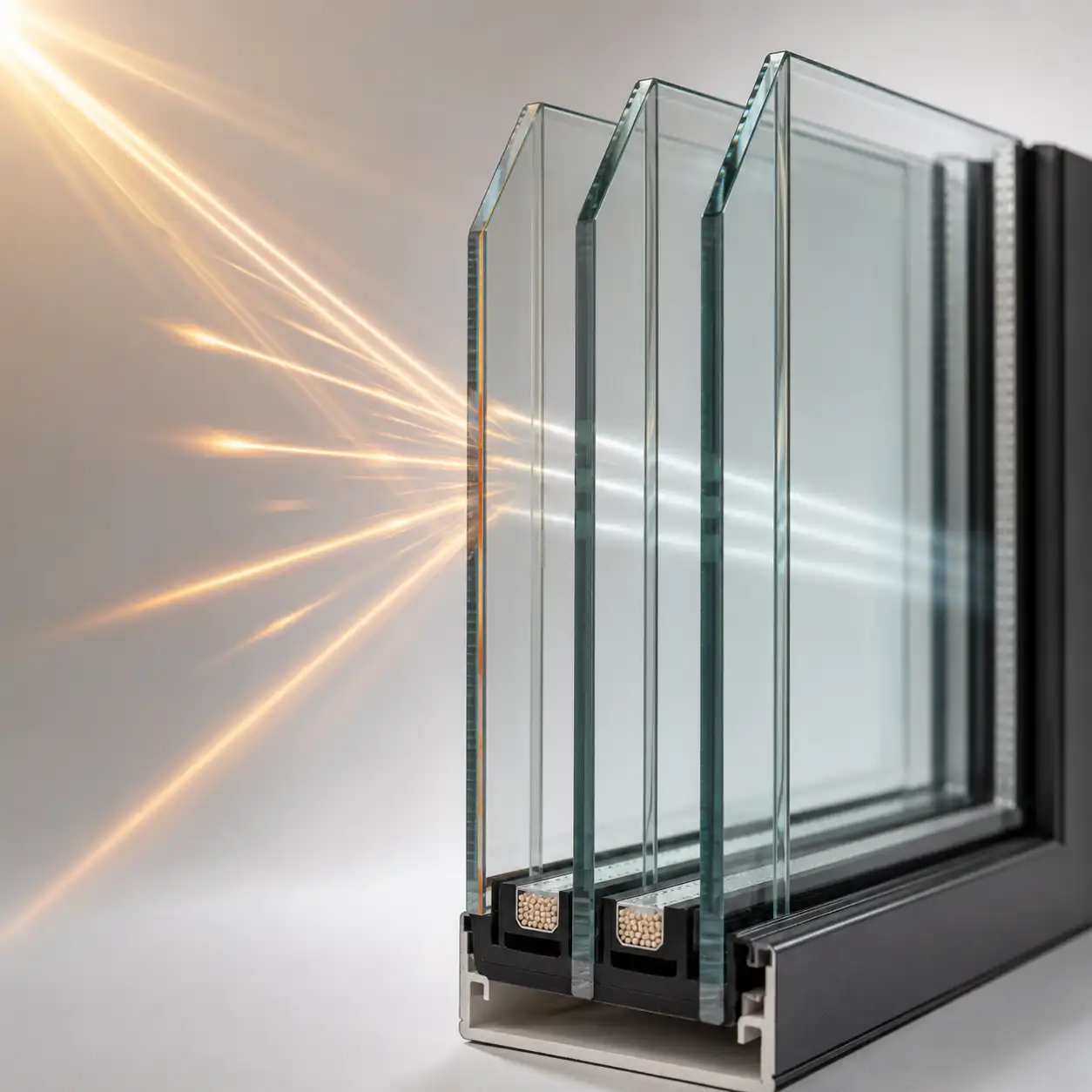 Querschnitt eines Fensters mit Sonnenschutzverglasung, Sonnenstrahlen werden reflektiert, ecowindow
