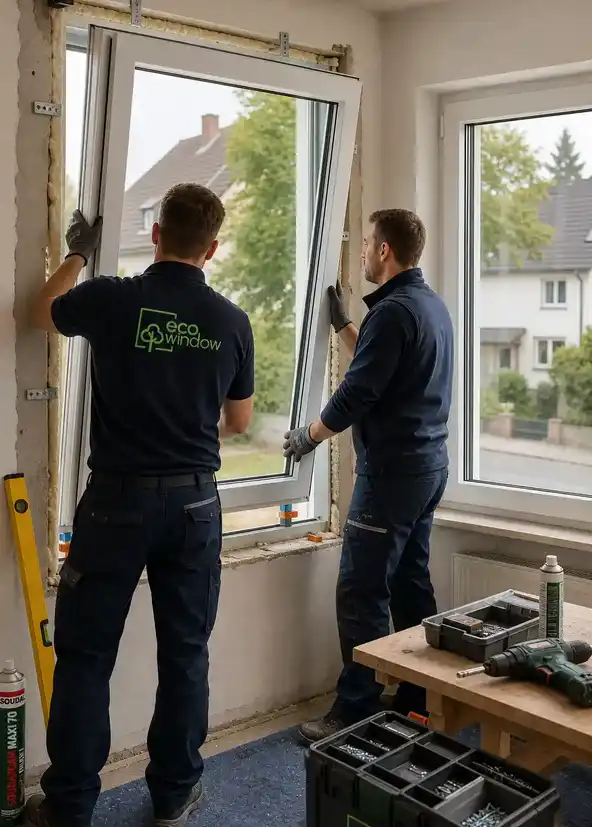 ecowindow Fenstermontage Firma: Zwei Monteure beim Einbau eines Fensters
