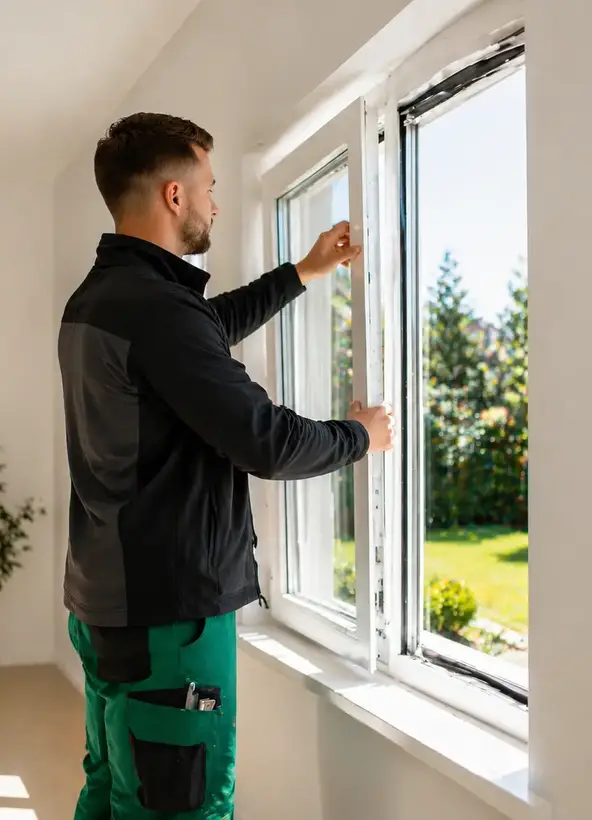 Zwei Monteure beim Einbau eines Fensters ecowindow Fenstermontage Firma: Zwei Monteure beim Einbau eines Fensters