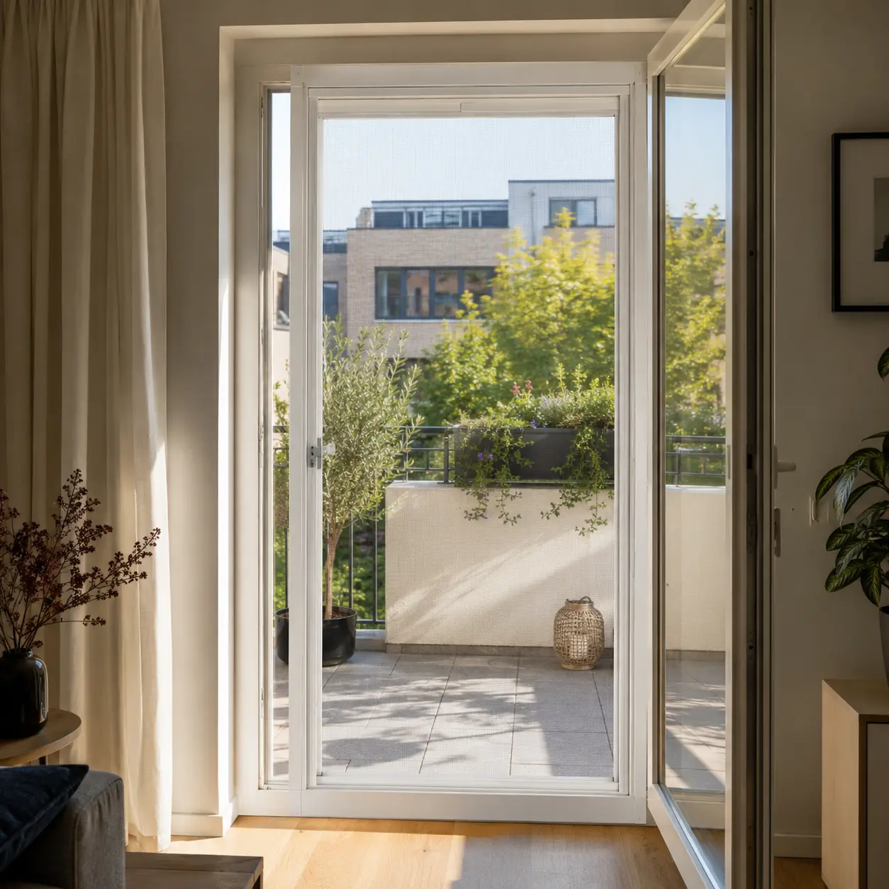 Geöffnete Balkontür mit vorgestellter Fliegengitter-Drehtür, ecowindow