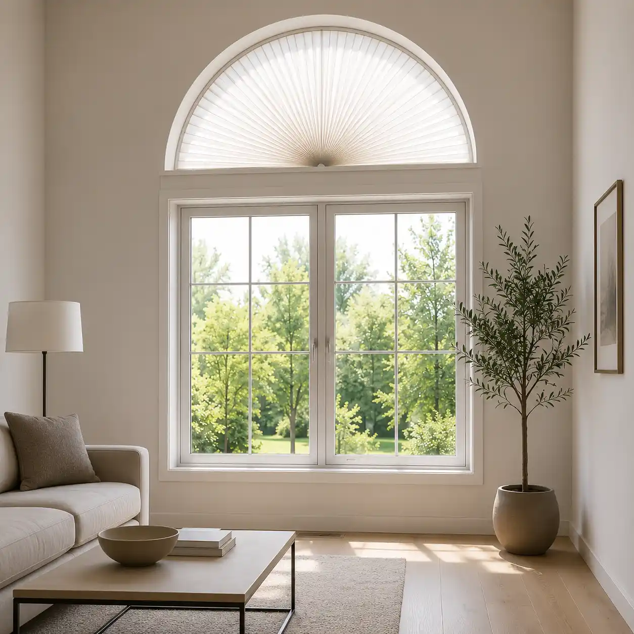 Sonderform-Plissee für halbrundes Fenster als Sonnenschutz von ecowindow