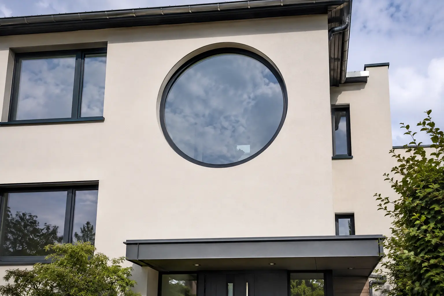 Rundfenster als bewusst gesetzter Blickfang in einer modernen Fassade von ecowindow