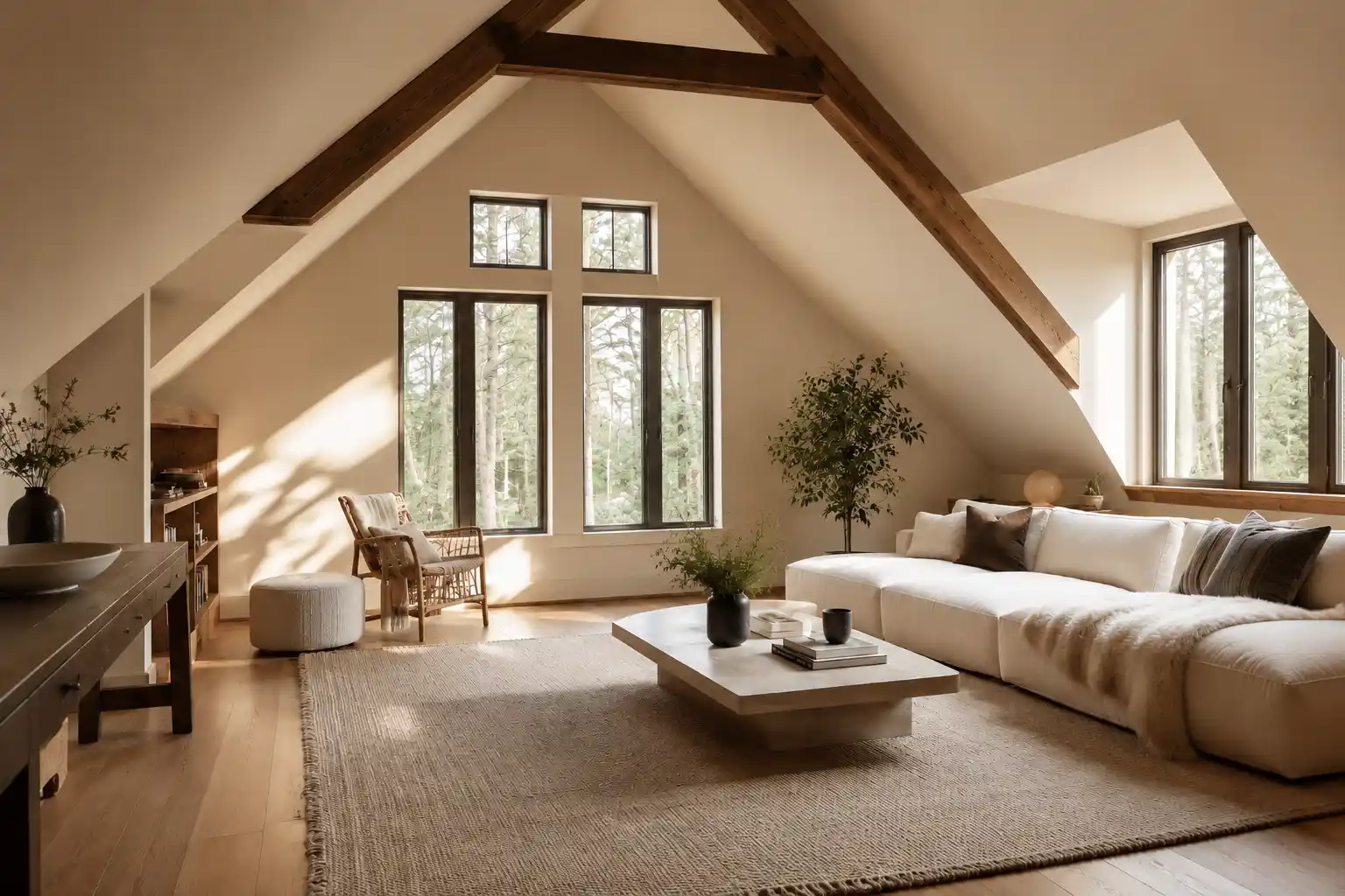 Modernes Dachbodenfenster als senkrechtes Fenster in Giebel und Gaube eines ausgebauten Dachgeschosses von ecowindow
