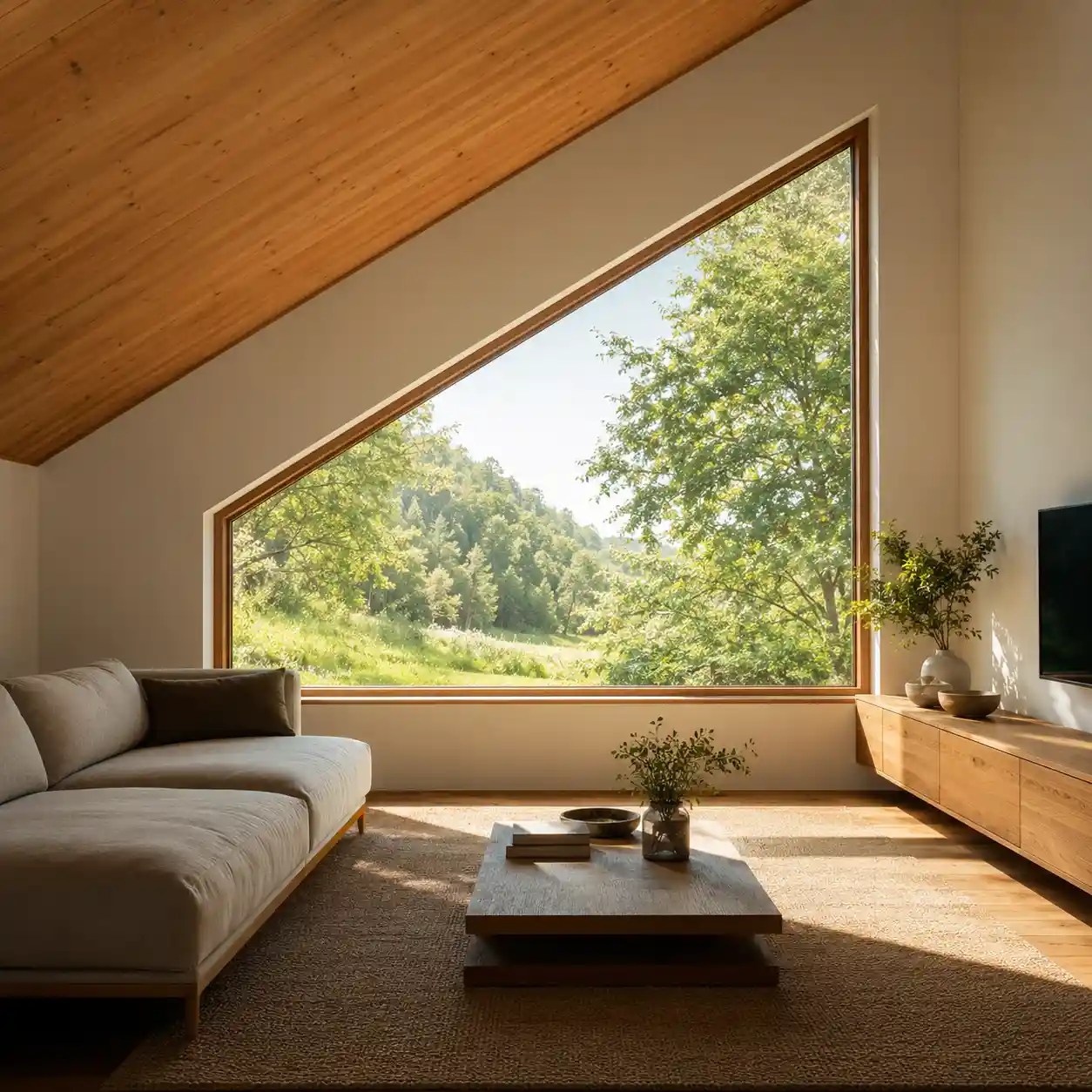 Wohnzimmer mit Schrägfenster unter der Dachschräge von ecowindow