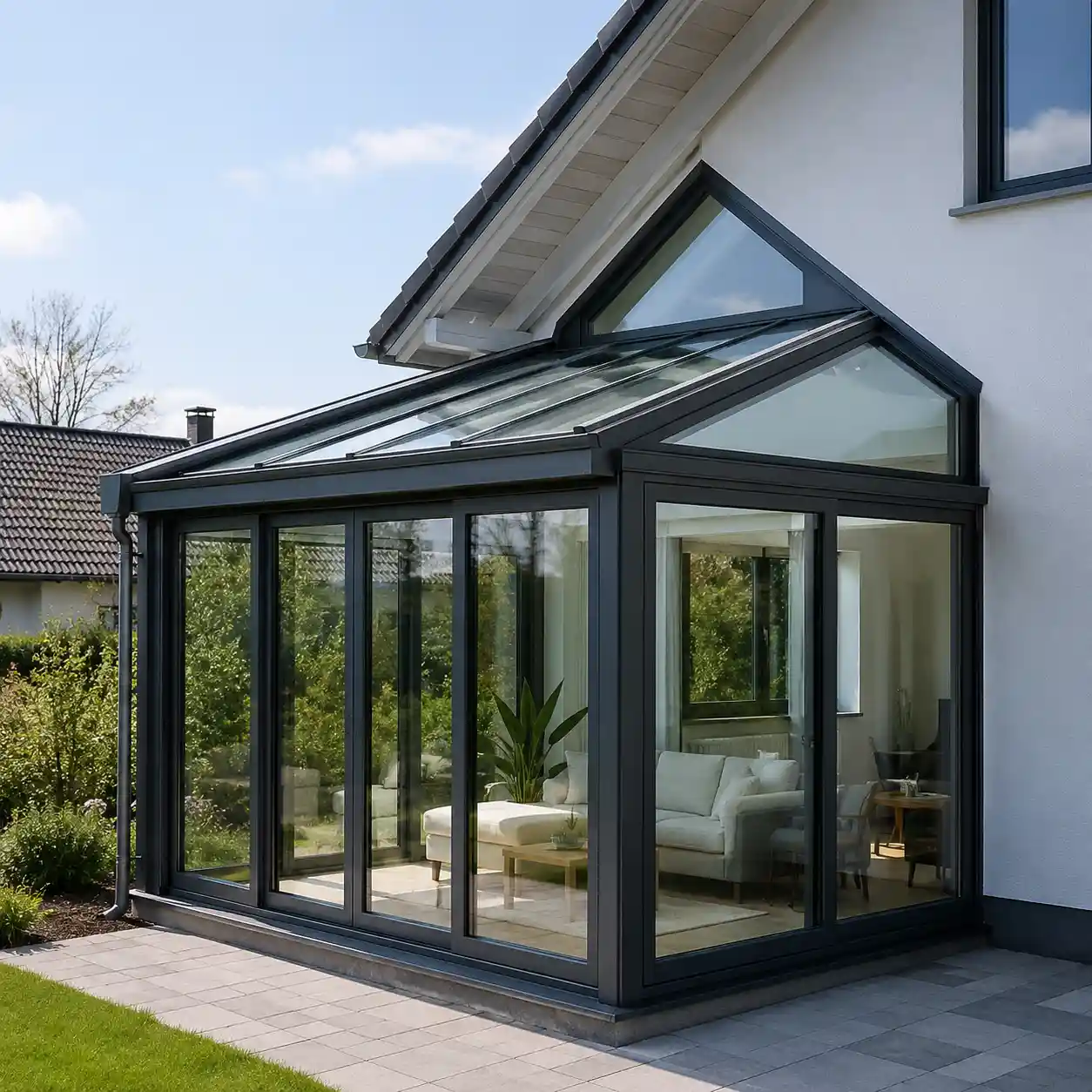 Wintergarten mit Schrägfenster am Dachanschluss von ecowindow