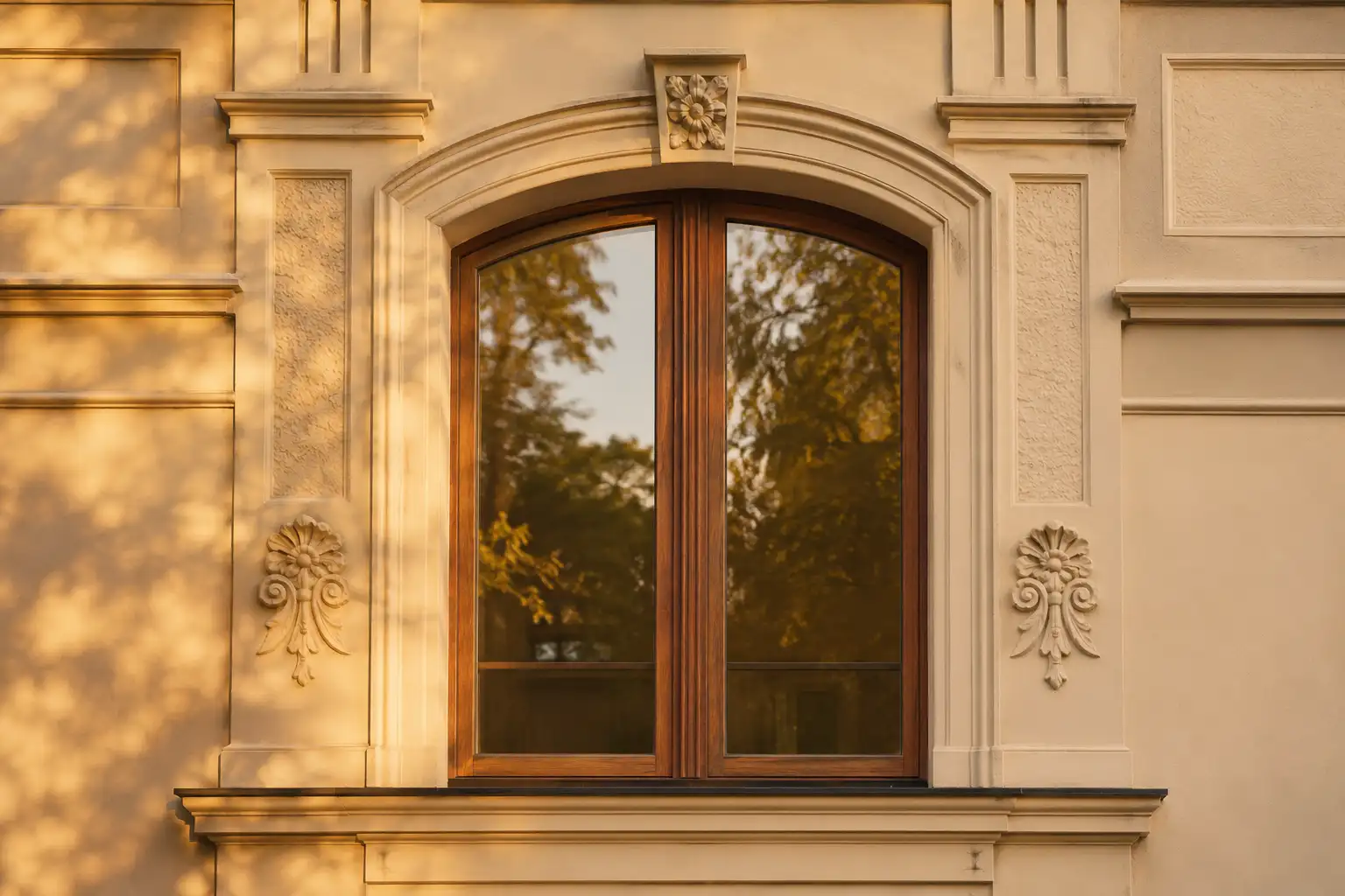 Zweiflügeliges Segmentbogenfenster mit Sprossen in einer Altbau-Fassade von ecowindow