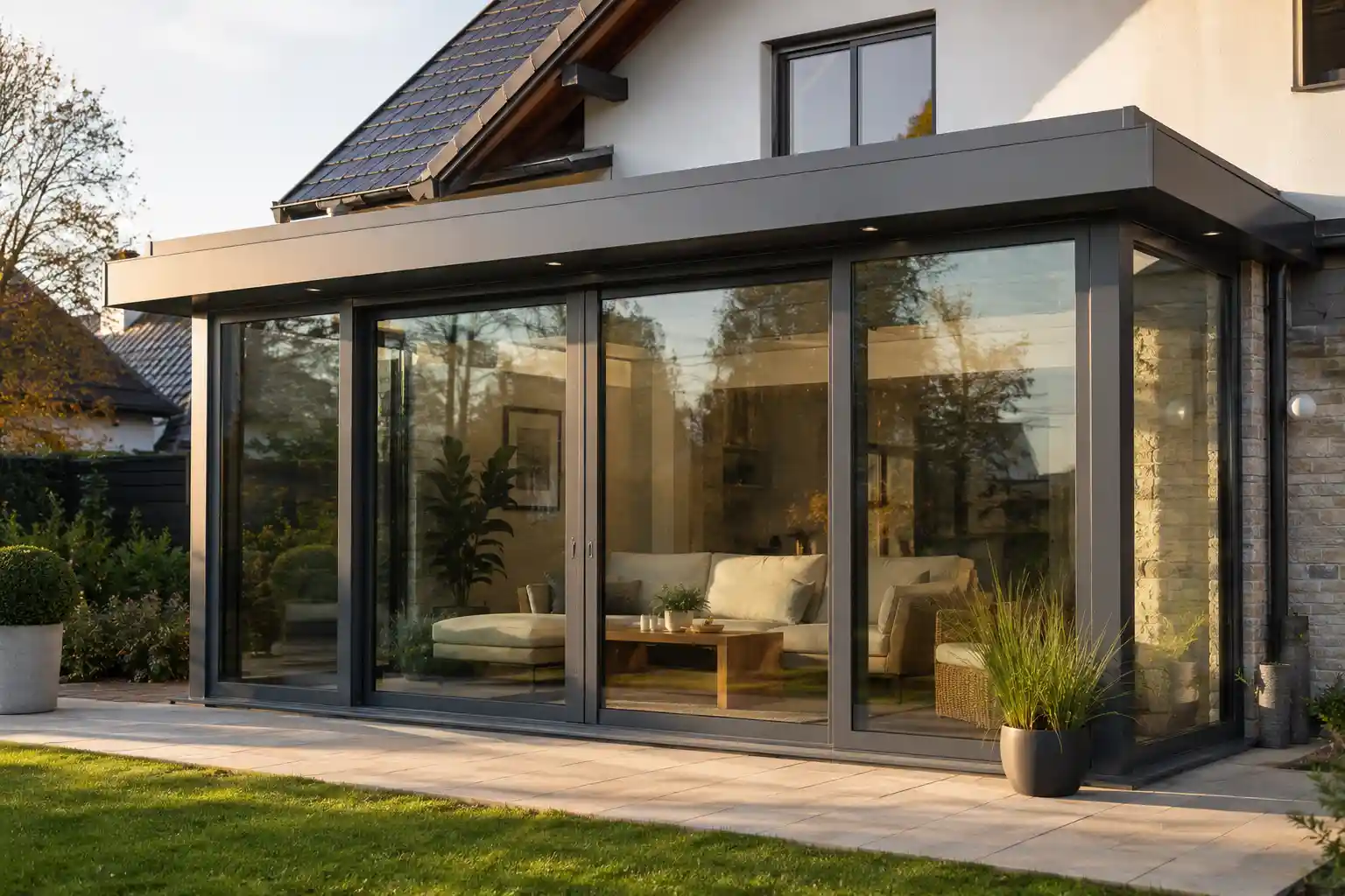 Wintergartenfenster mit Hebe-Schiebe-Tür in modernem Wohnwintergarten von ecowindow