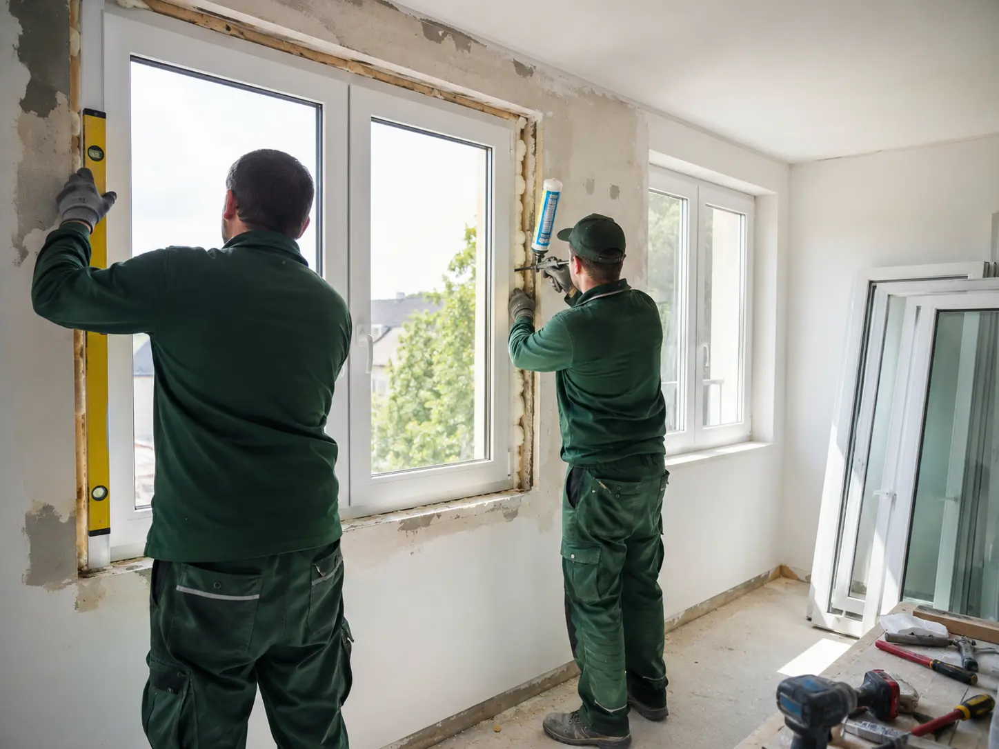 Monteur montiert 3-fach verglastes Fenster ecowindow