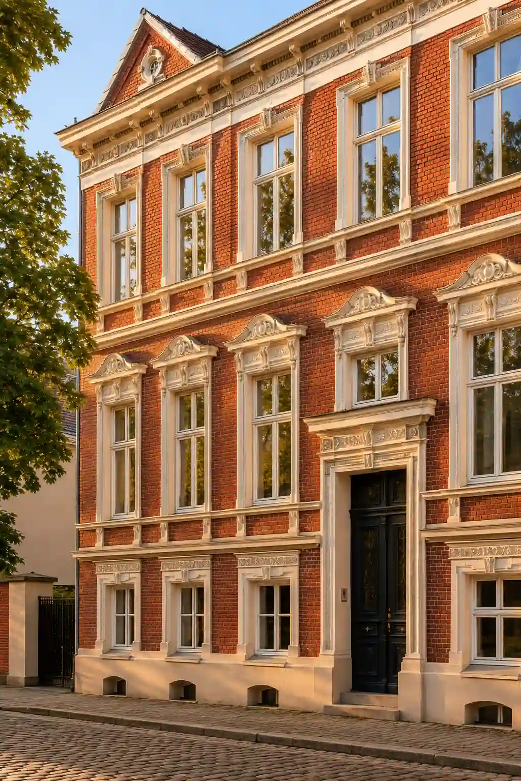 Sanierte Backstein-Altbaufassade mit denkmalgerechten Sprossenfenstern in Brandenburg an der Havel – ecowindow Fensterbauer