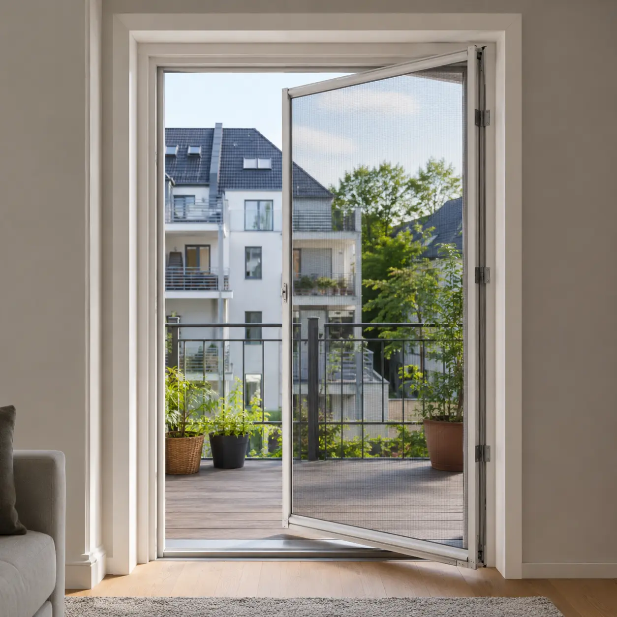 Balkontür mit vorgesetzter Fliegengitter-Drehtür in Aluminium-Rahmen, ecowindow