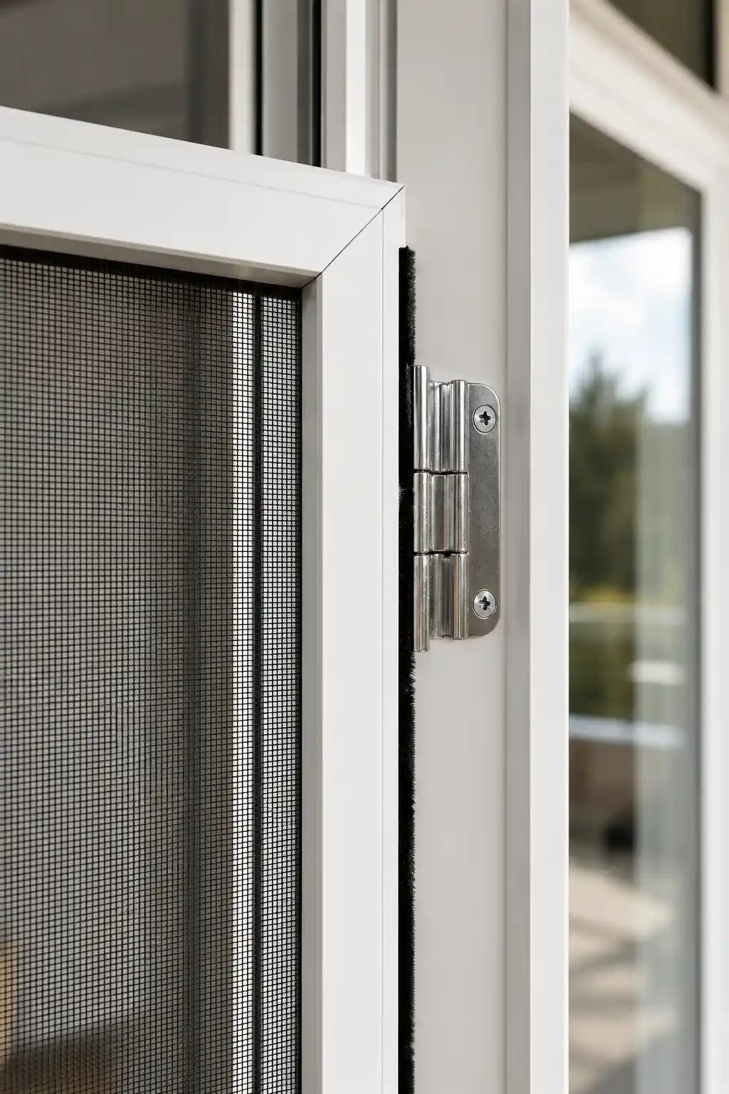 Nahaufnahme rostfreies Aluminium-Scharnier und Magnet-Streifen an einer Fliegengittertür für die Balkontür, ecowindow