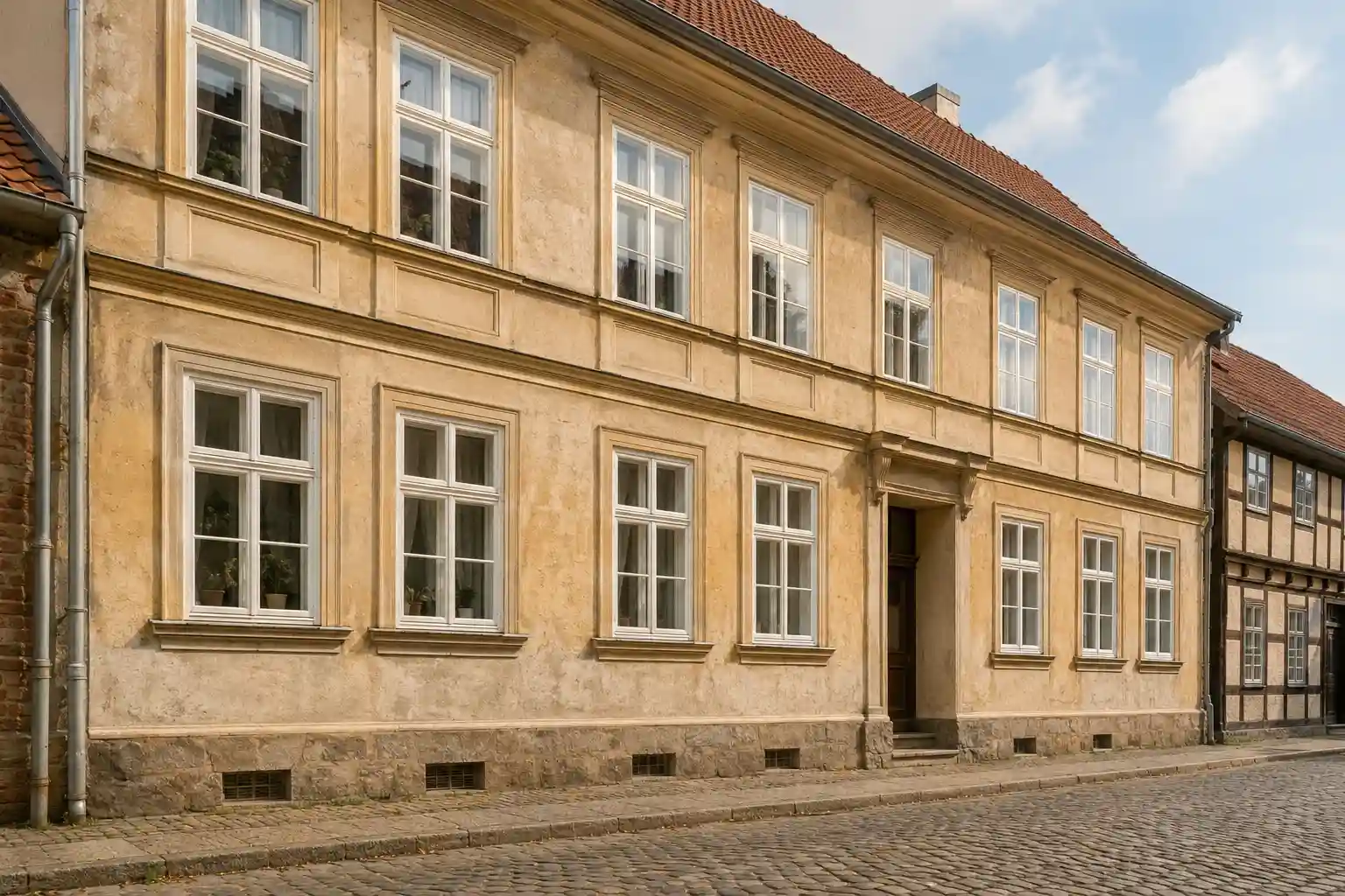 Sanierte Altstadtfassade in Nauen mit denkmalgerechten Sprossenfenstern von ecowindow