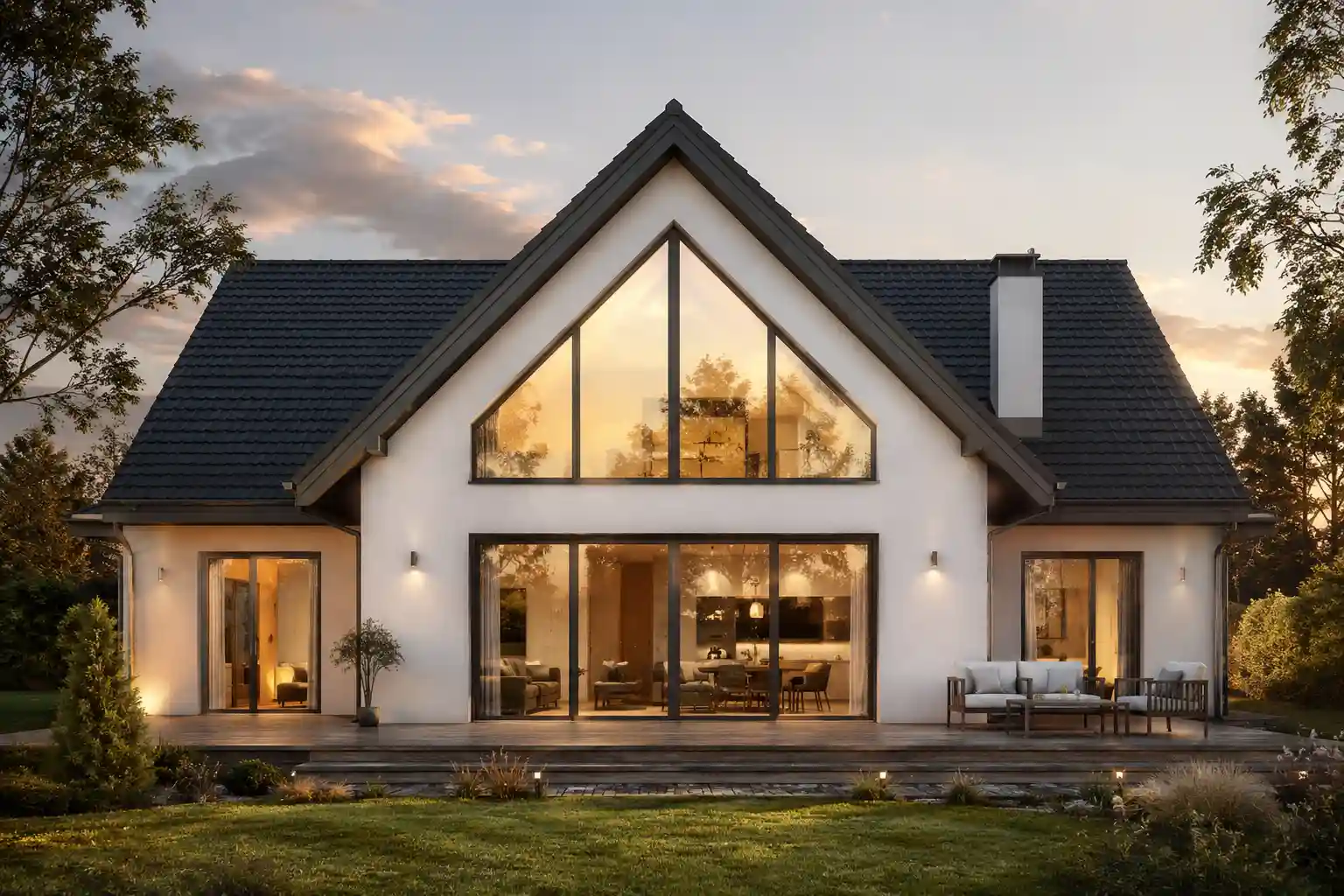 Modernes Wohnhaus mit gleichschenkligem Dreiecksfenster im Giebel von ecowindow