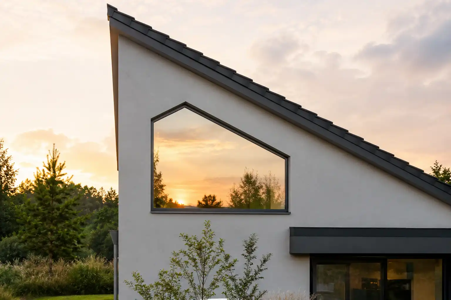 Modernes Wohnhaus mit Fünfeck-Schrägfenster in der Giebelwand unter Pultdach von ecowindow