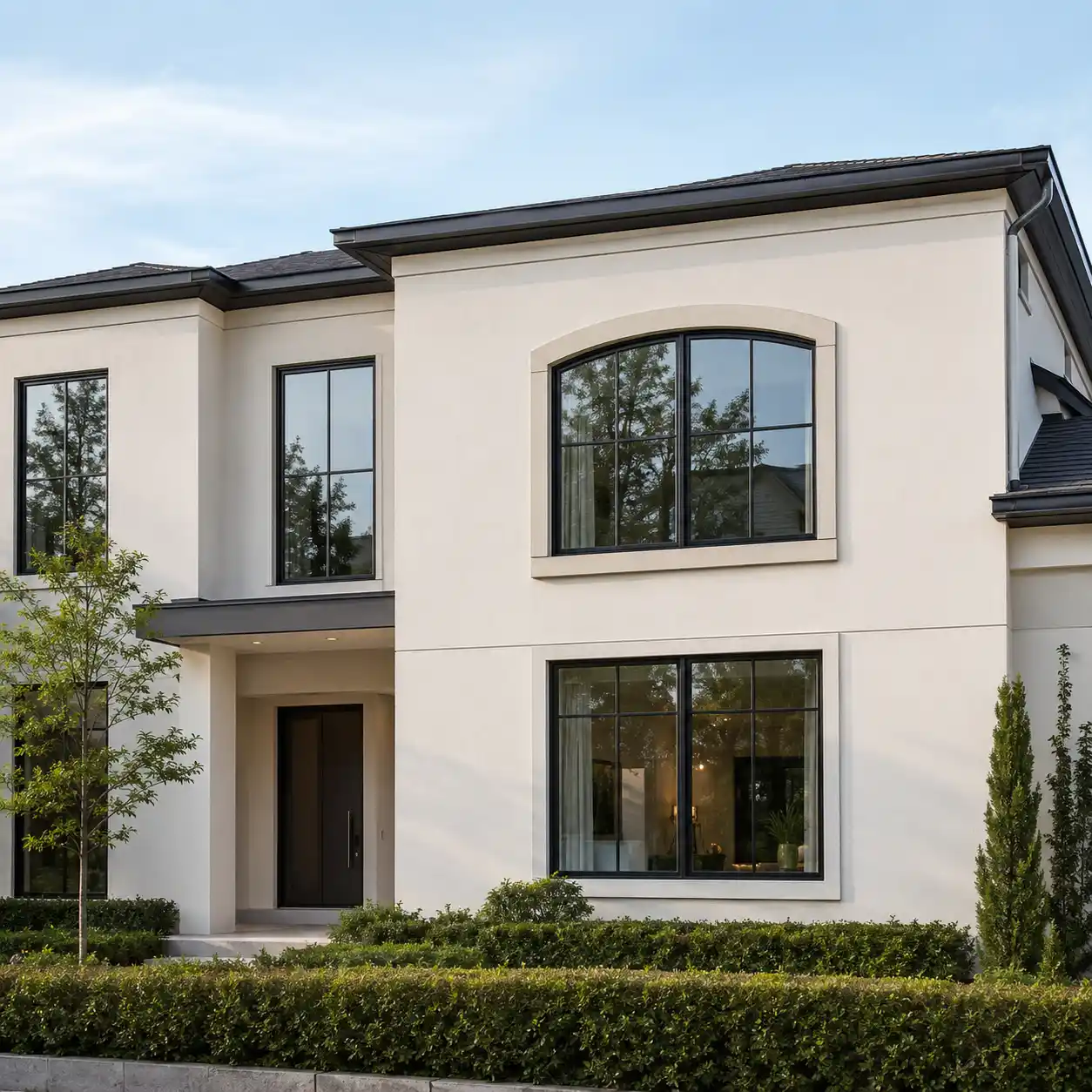 Neubau-Fassade mit Segmentbogenfenster als historischer Akzent von ecowindow