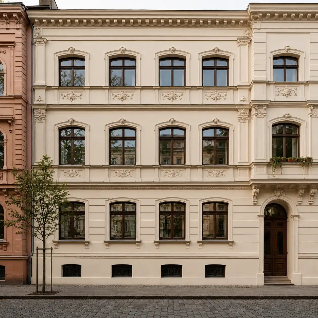 Segmentbogenfenster in einer sanierten Altbau-Fassade von ecowindow
