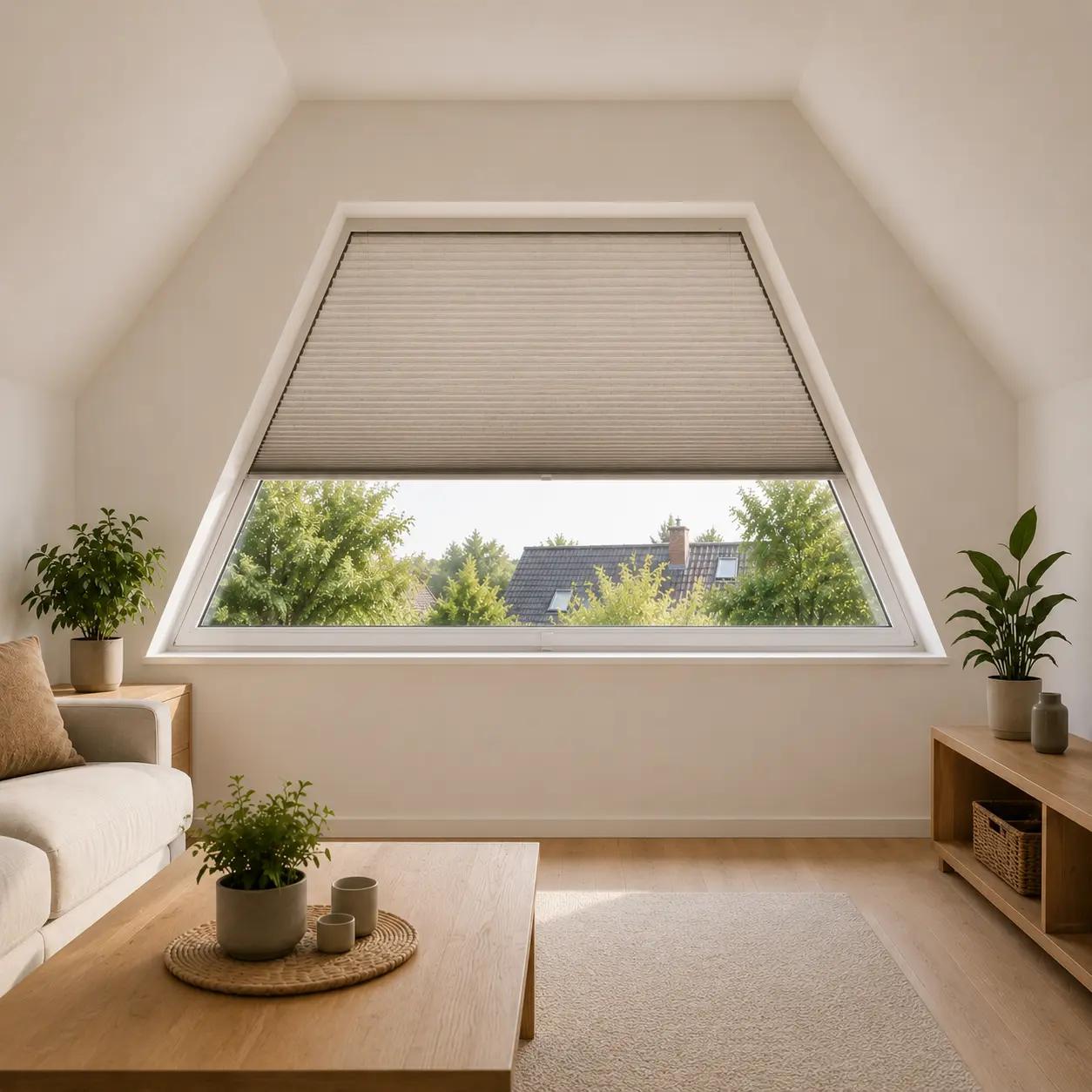 Sonderform-Plissee als Verdunkelung an Trapezfenster im Giebel von ecowindow