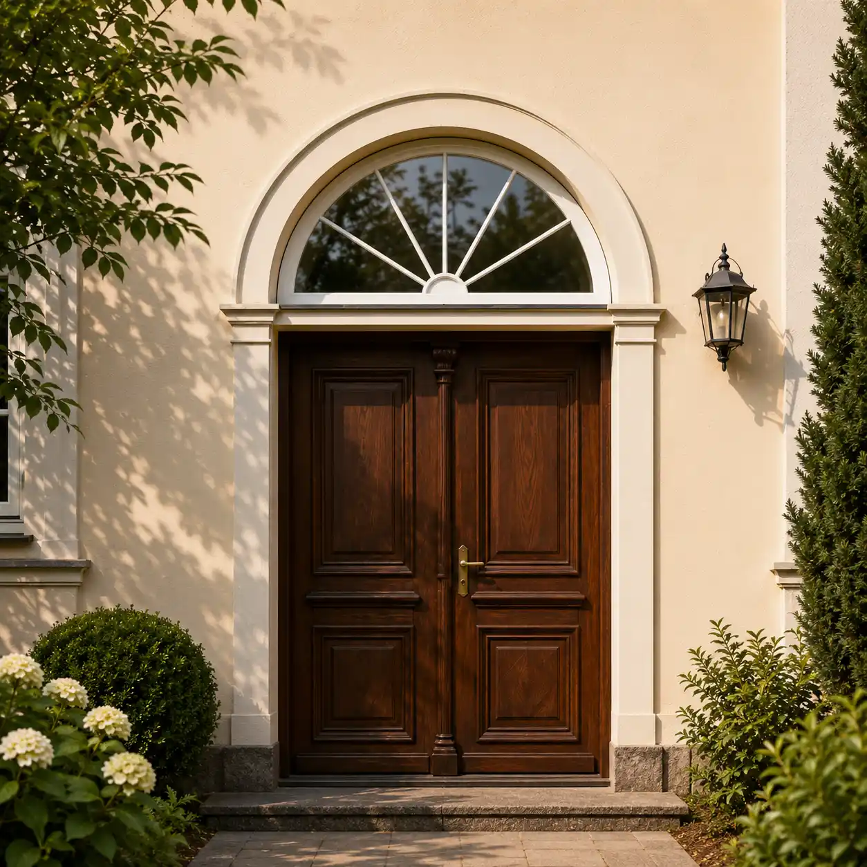 Elegantes Halbkreisfenster als Oberlicht in einer klassischen Fassade von ecowindow