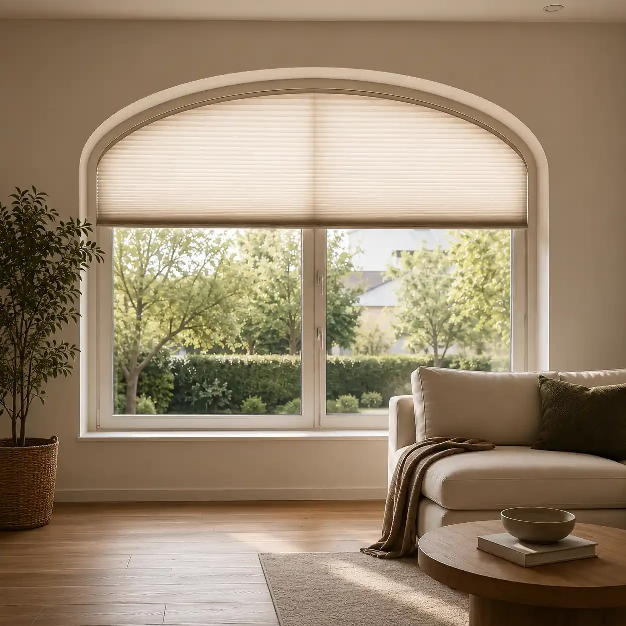 Sonderform-Plissee als Sonnenschutz an Korbbogenfenster von ecowindow