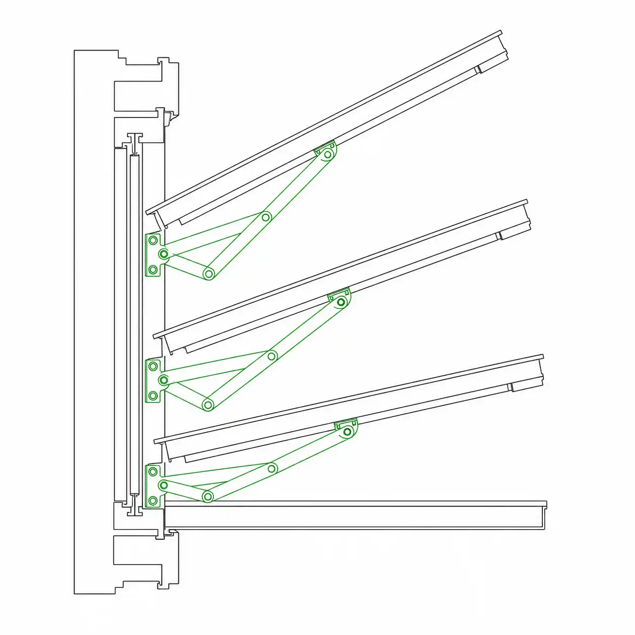 Skizze Klappfenster Ausstellmechanik mit Scherenarm von ecowindow