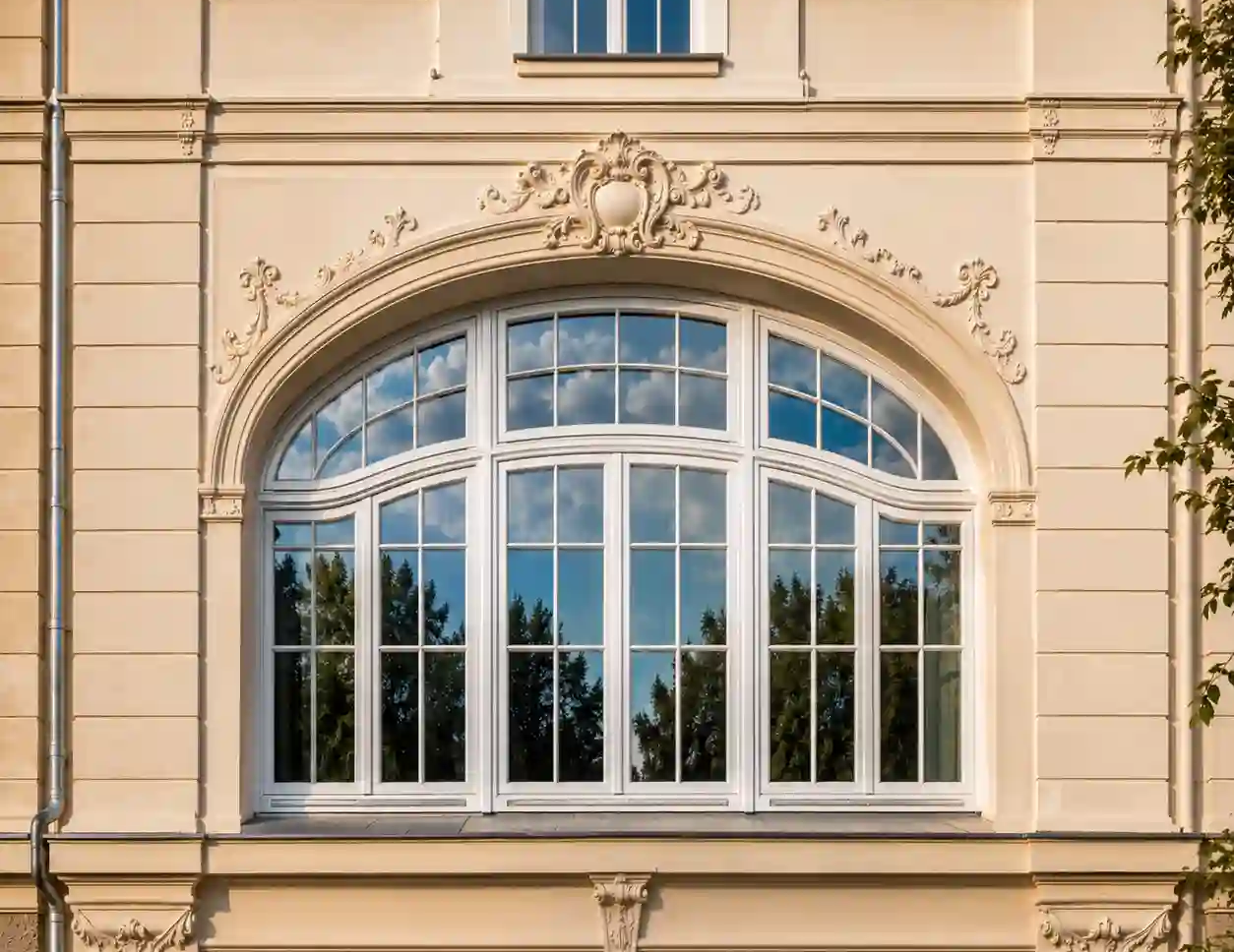 Korbbogenfenster mit flacher Bogenform an klassischer Fassade von ecowindow