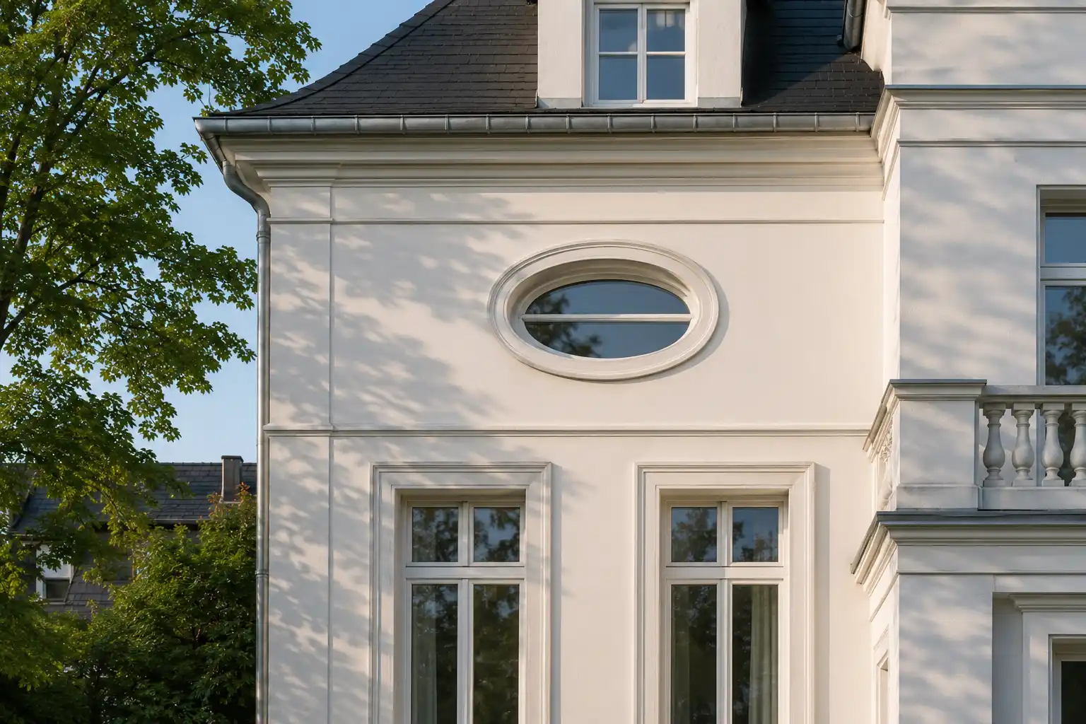 Weißes Ovalfenster als Ochsenauge in einer sanierten Gründerzeit-Fassade von ecowindow