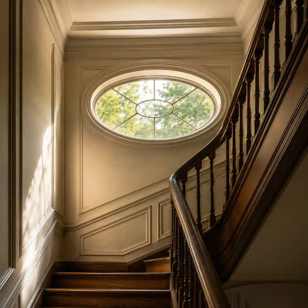 Ovalfenster im hoch gelegenen Treppenhaus mit Tageslicht von ecowindow