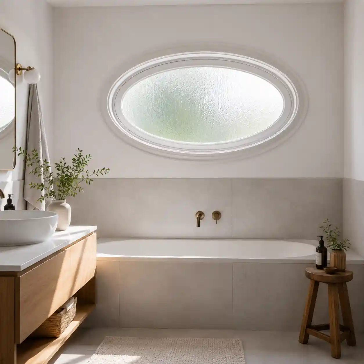 Ovalfenster mit Milchglas im Badezimmer mit Tageslicht und Privatsphäre von ecowindow
