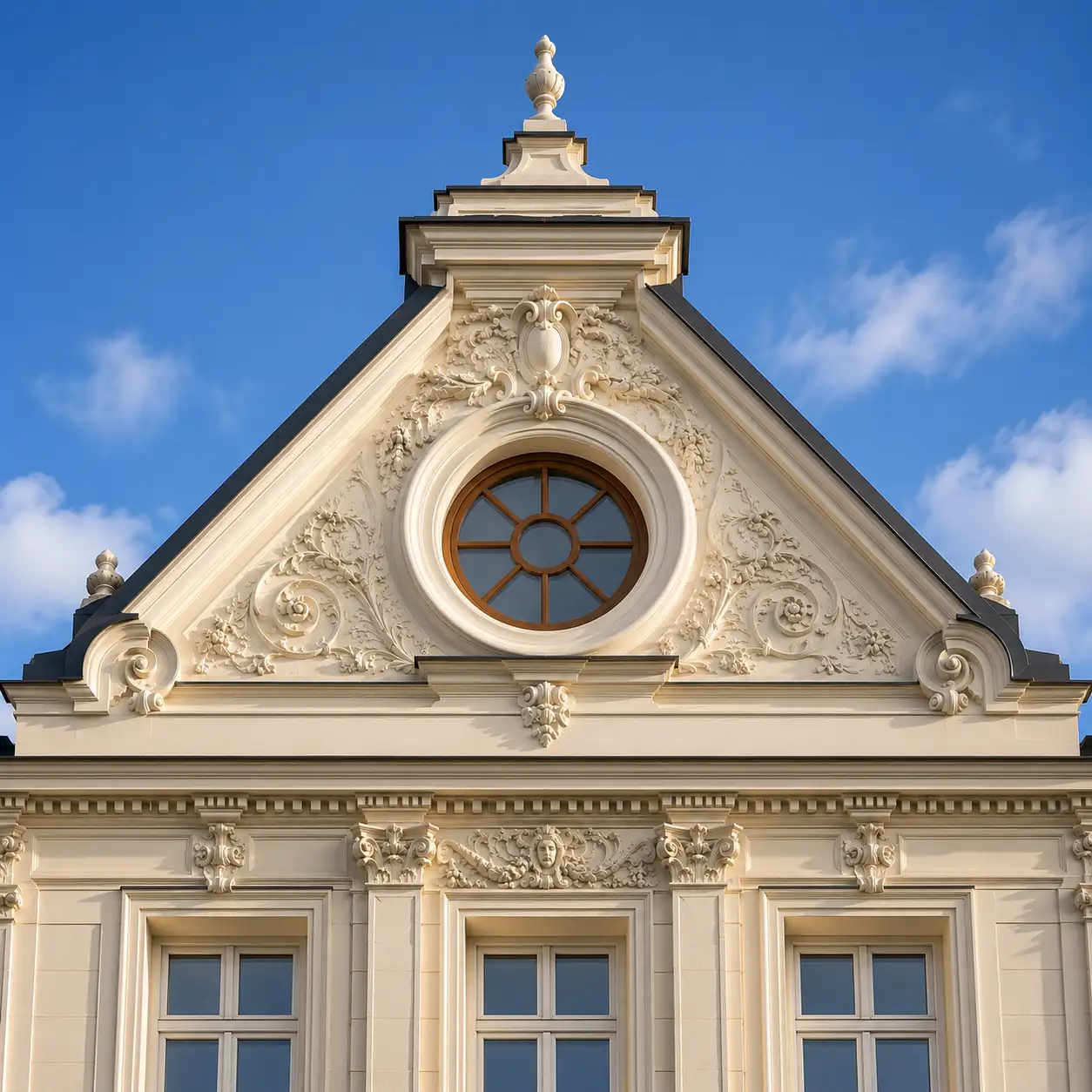Rundfenster im Giebel einer sanierten Gründerzeit-Fassade von ecowindow