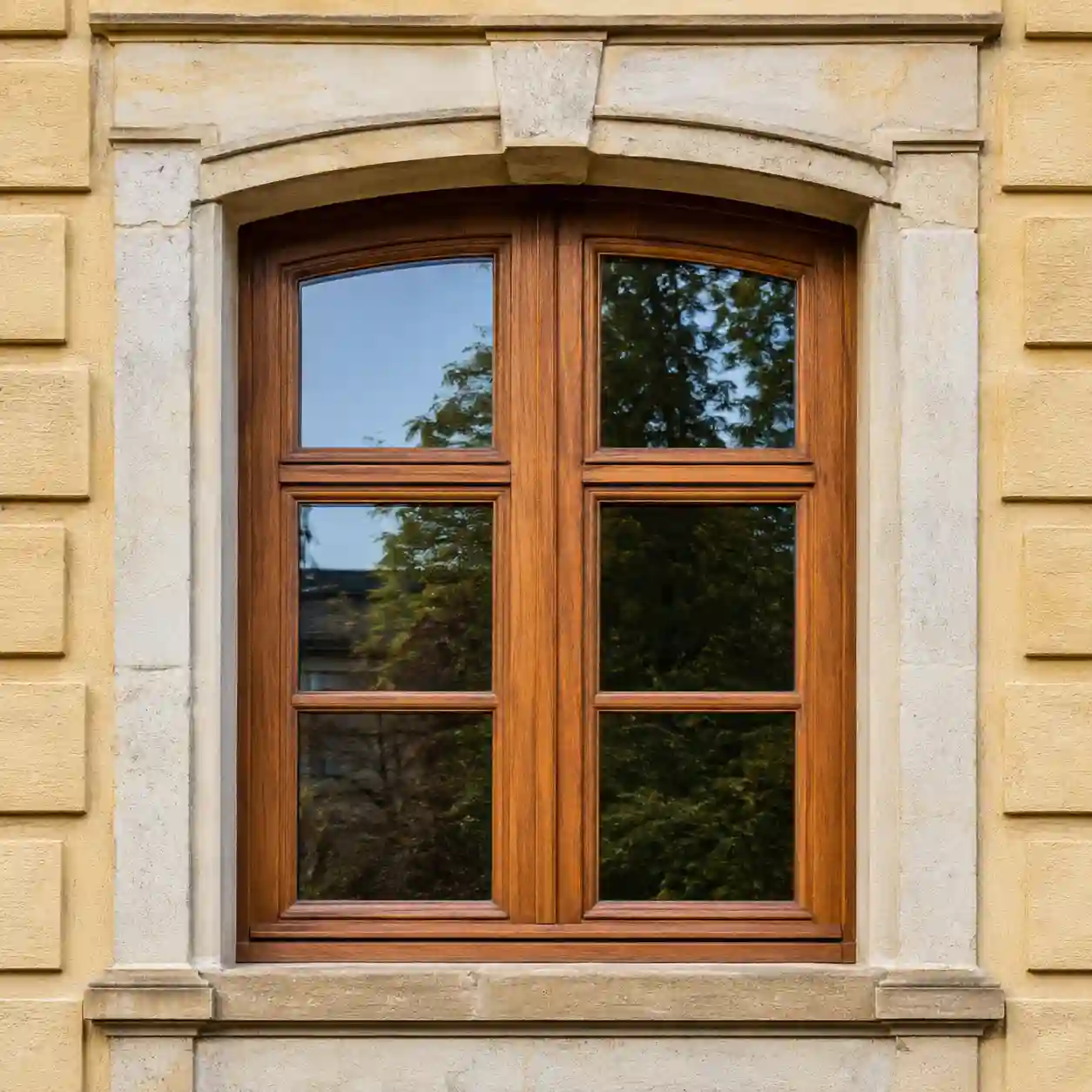 Stichbogenfenster aus Holz für denkmalgerechte Altbau-Sanierung von ecowindow