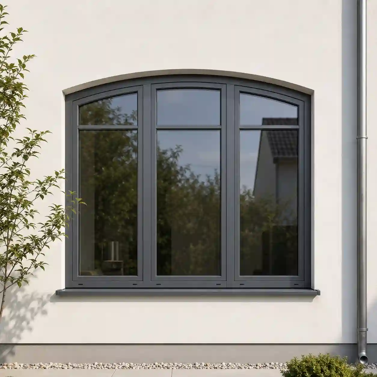 Stichbogenfenster aus Holz-Aluminium mit Holz innen und Alu außen von ecowindow