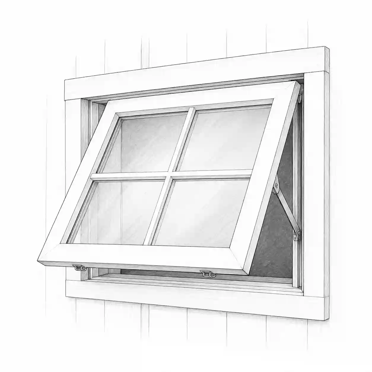 Skizze eines nach außen öffnenden Stallfensters für Pferdeställe von ecowindow