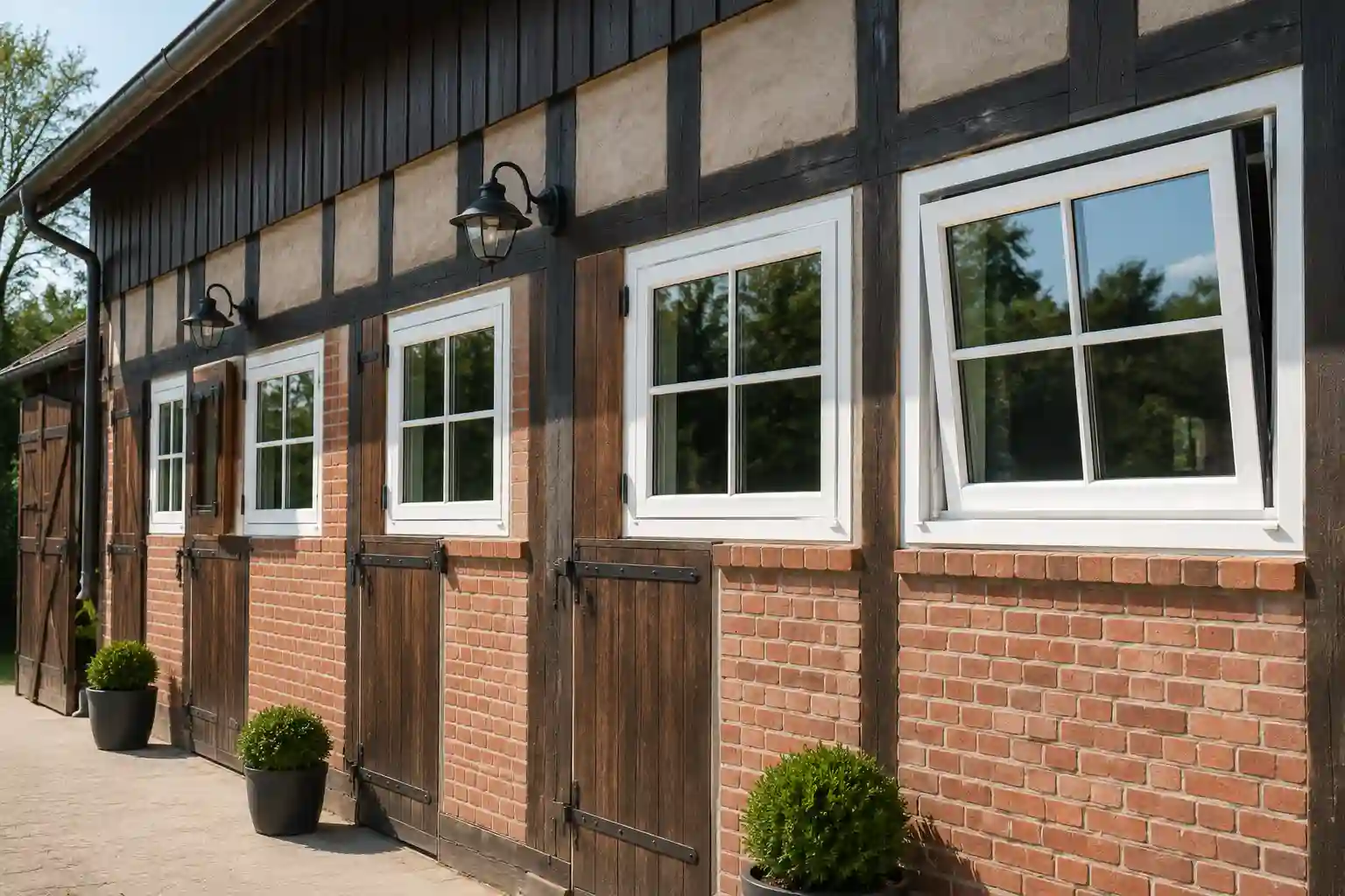 Moderne Kunststoff-Stallfenster mit Sprossen in einer Scheunen- und Stallfassade von ecowindow
