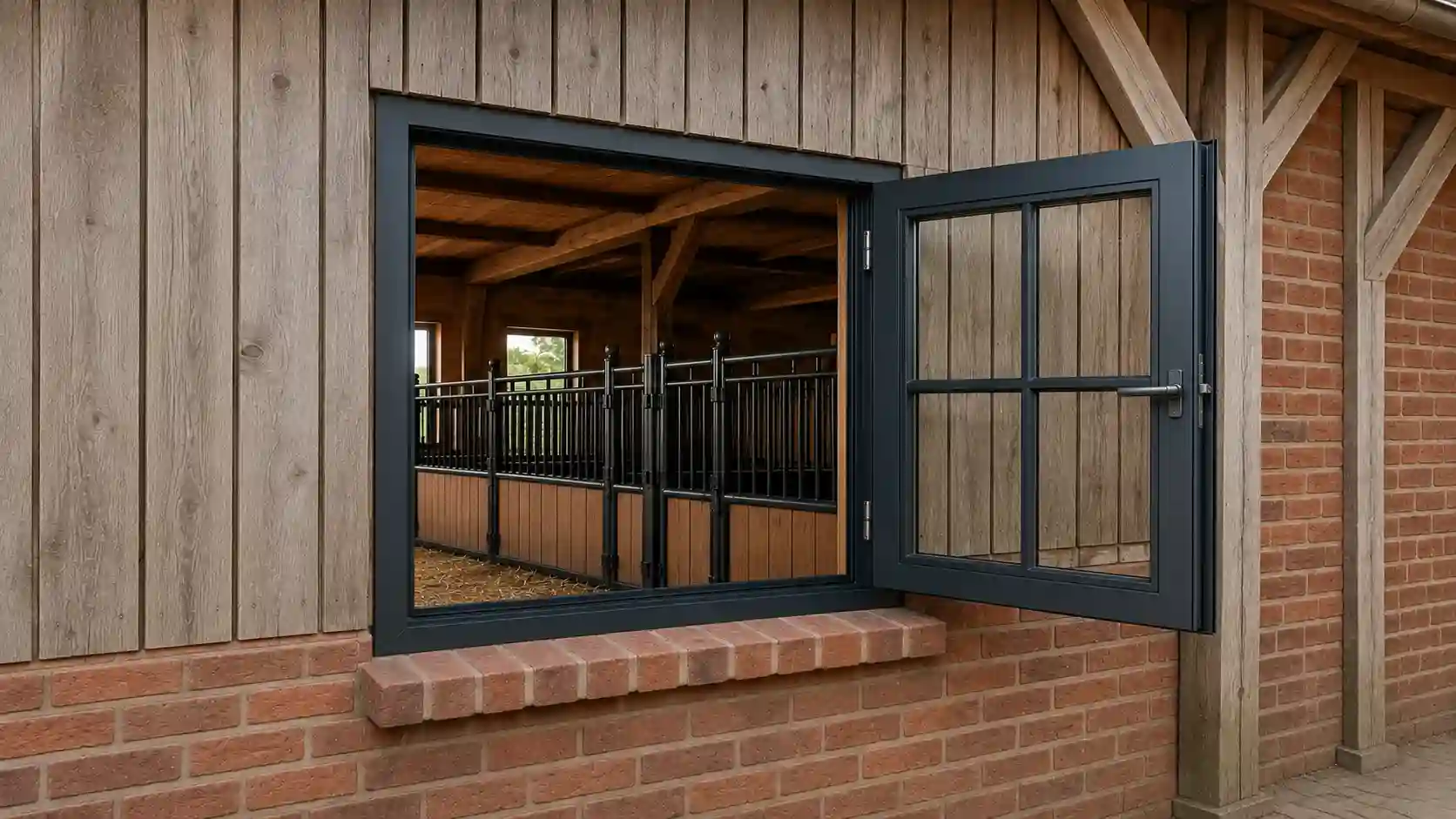 Modernes Kunststoff-Stallfenster mit Sprossen in einer traditionellen Stallfassade von ecowindow