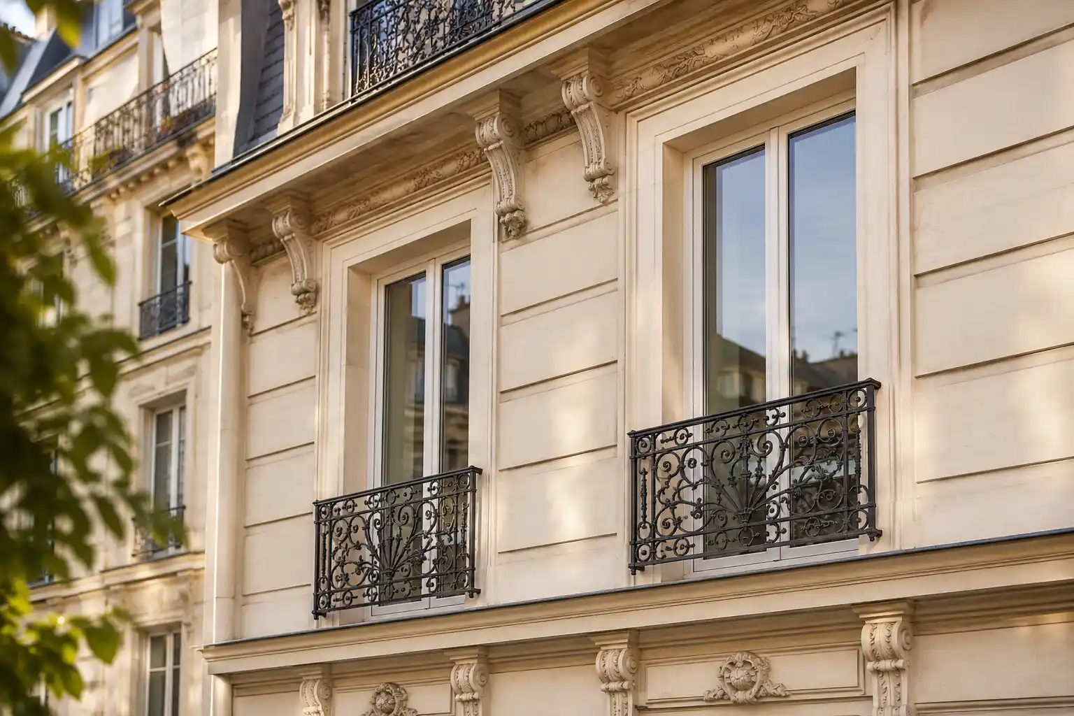 Bodentiefes französisches Fenster mit vorgesetztem Geländer in einer Altbau-Fassade von ecowindow