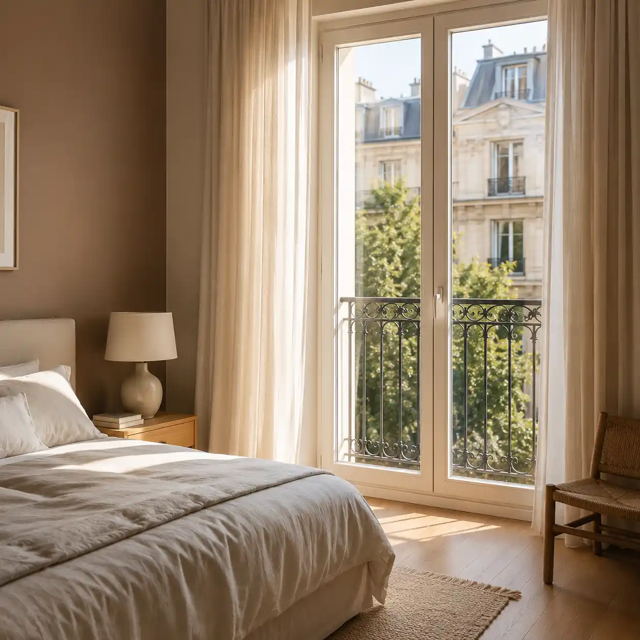 Bodentiefes französisches Fenster im Schlafzimmer im Obergeschoss mit Ausblick auf Augenhöhe von ecowindow