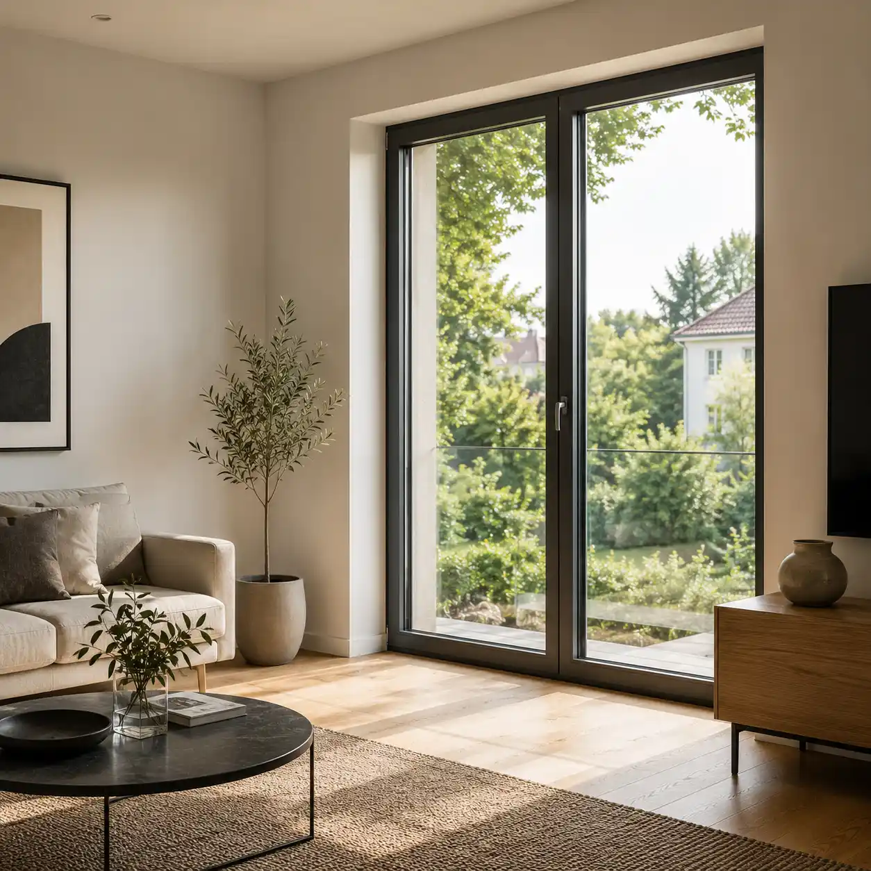 Modernes Wohnzimmer mit bodentiefem französischem Fenster und Glas-Absturzsicherung von ecowindow