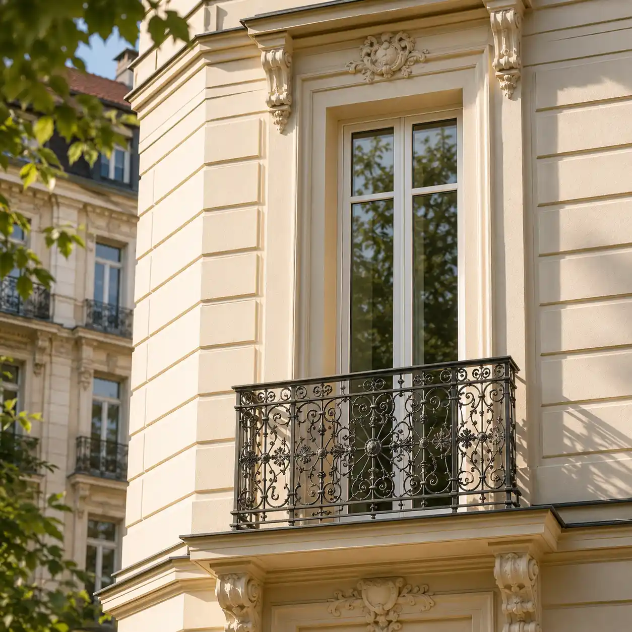 Klassisches französisches Fenster mit Schmuckgeländer in einer sanierten Gründerzeit-Fassade von ecowindow